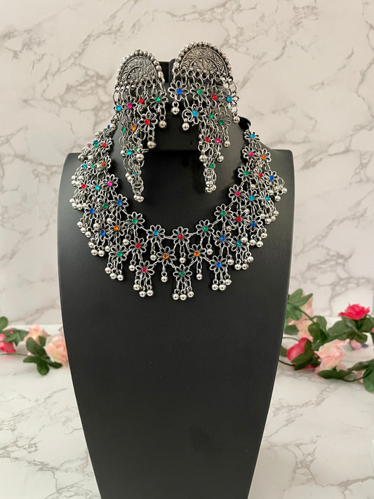 Oxidized Multicolor Necklace and Earrings Set: Lightweight Alloy Jewelry