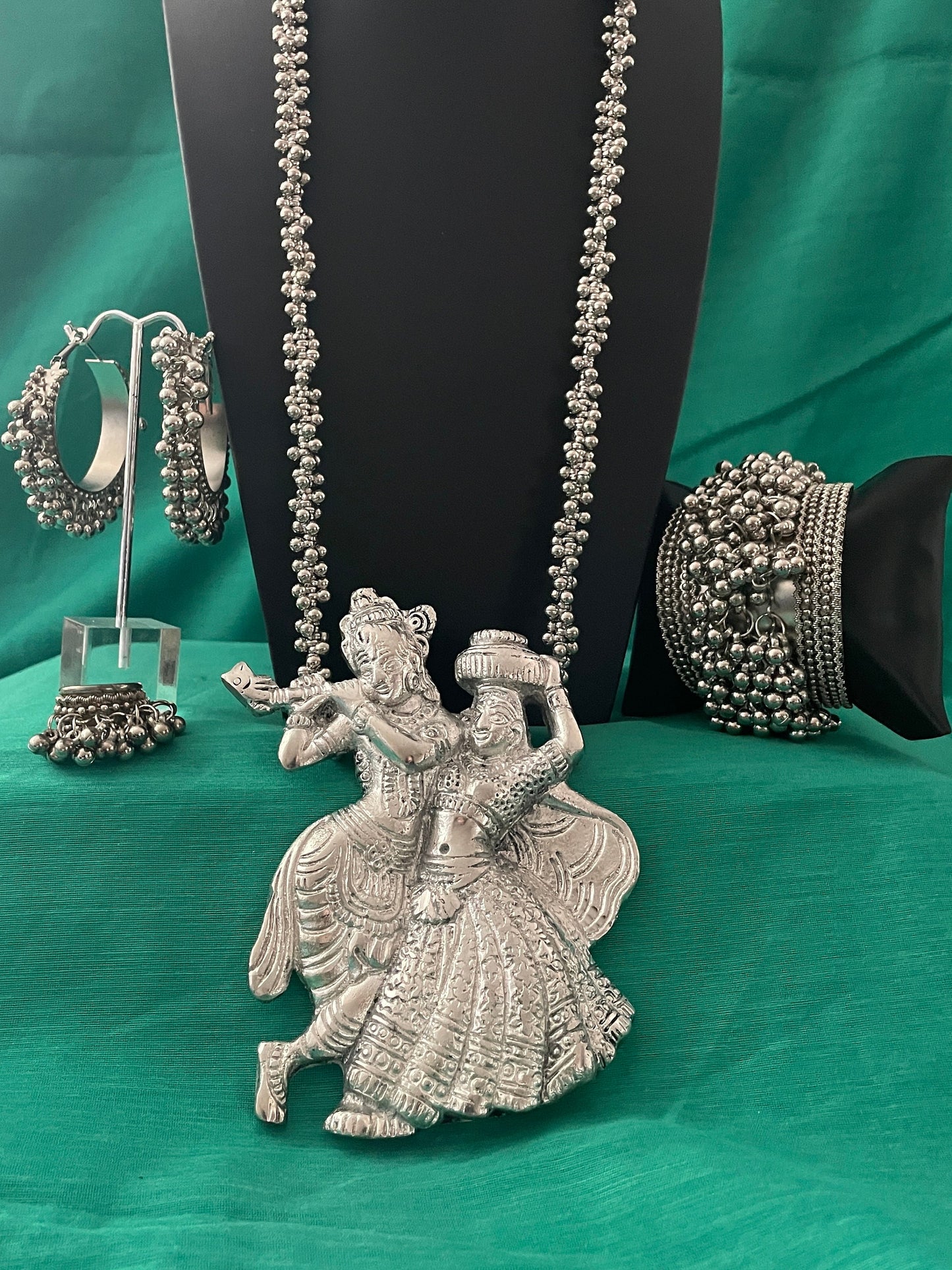 Oxidized Radha Krishna Ghungaroo Necklace with Hoop Earrings