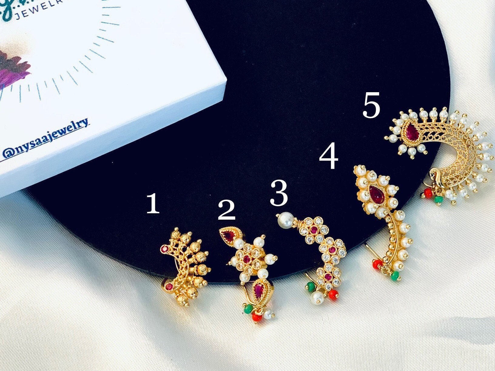 Maharashtrian traditional naths . Gold plated pearl naths, choose from 5 designs