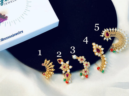 Maharashtrian traditional naths . Gold plated pearl naths, choose from 5 designs