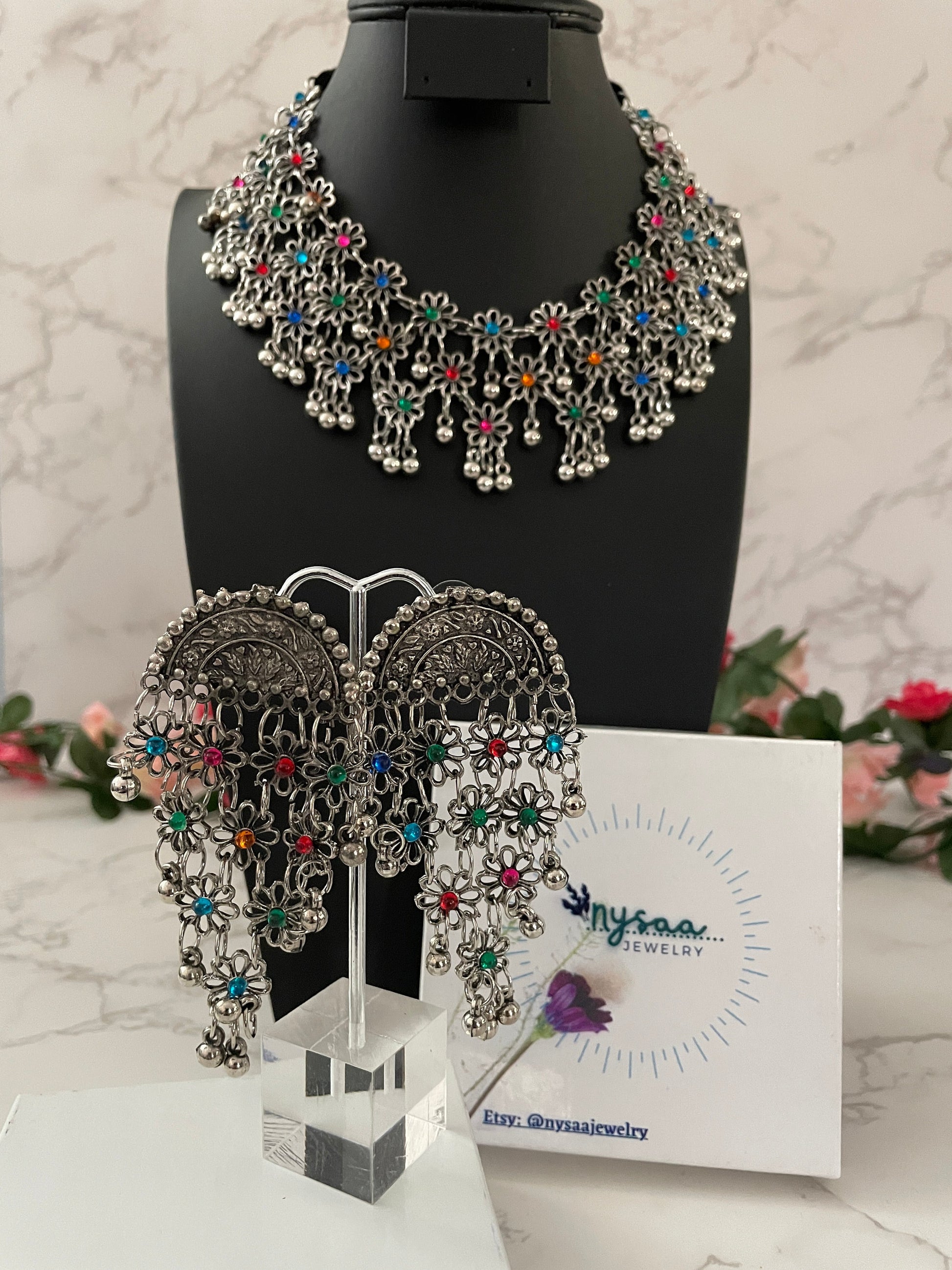 Oxidized Multicolor Necklace and Earrings Set: Lightweight Alloy Jewelry