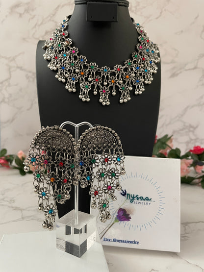 Oxidized Multicolor Necklace and Earrings Set: Lightweight Alloy Jewelry