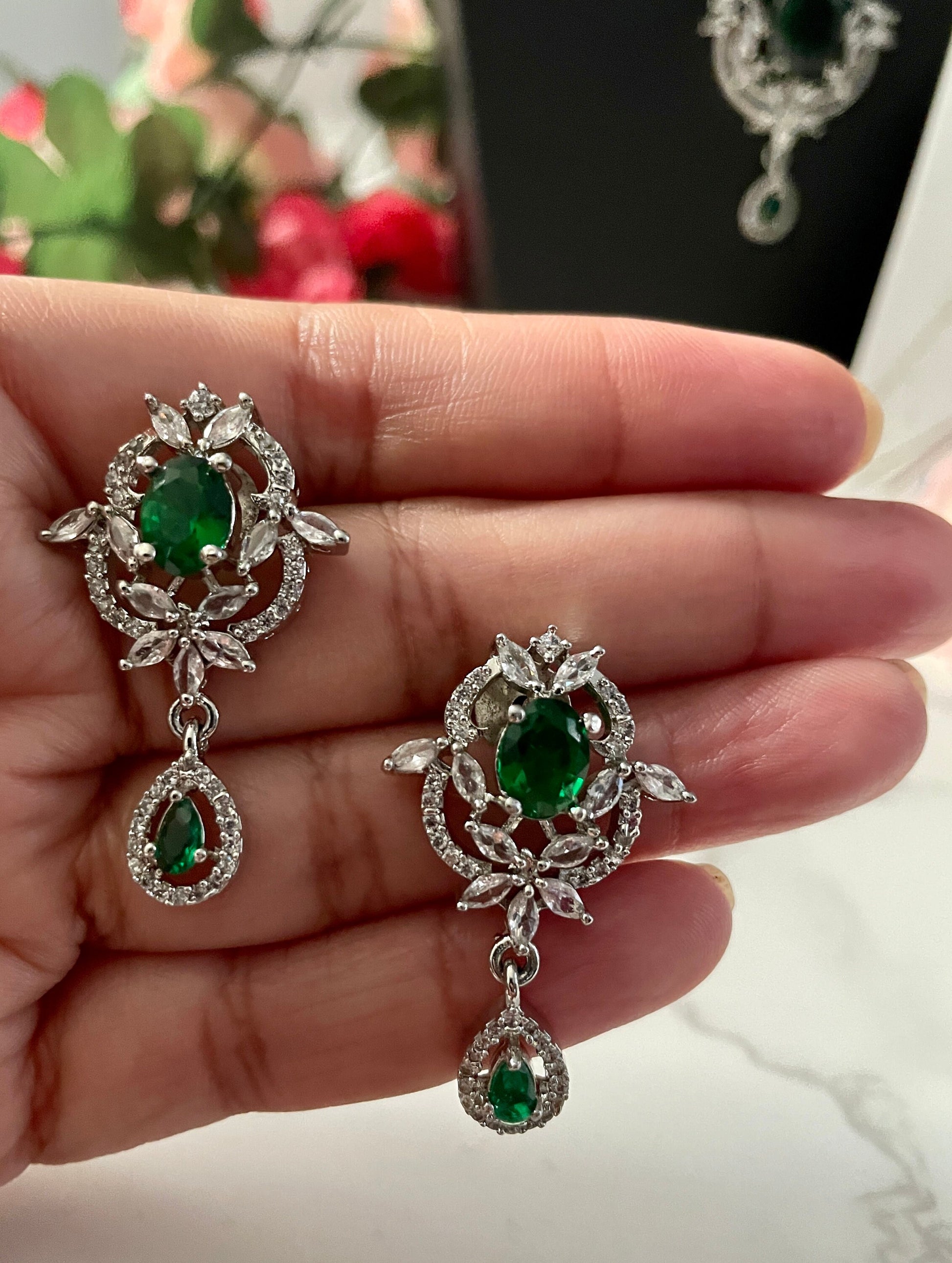 American Diamond Green Stone Necklace Set: Cubic Zirconia Earrings