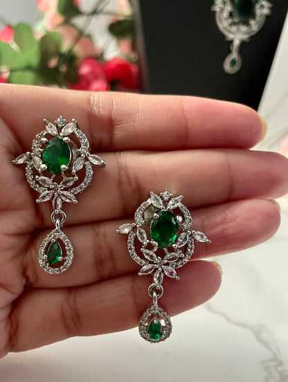 American Diamond Green Stone Necklace Set: Cubic Zirconia Earrings