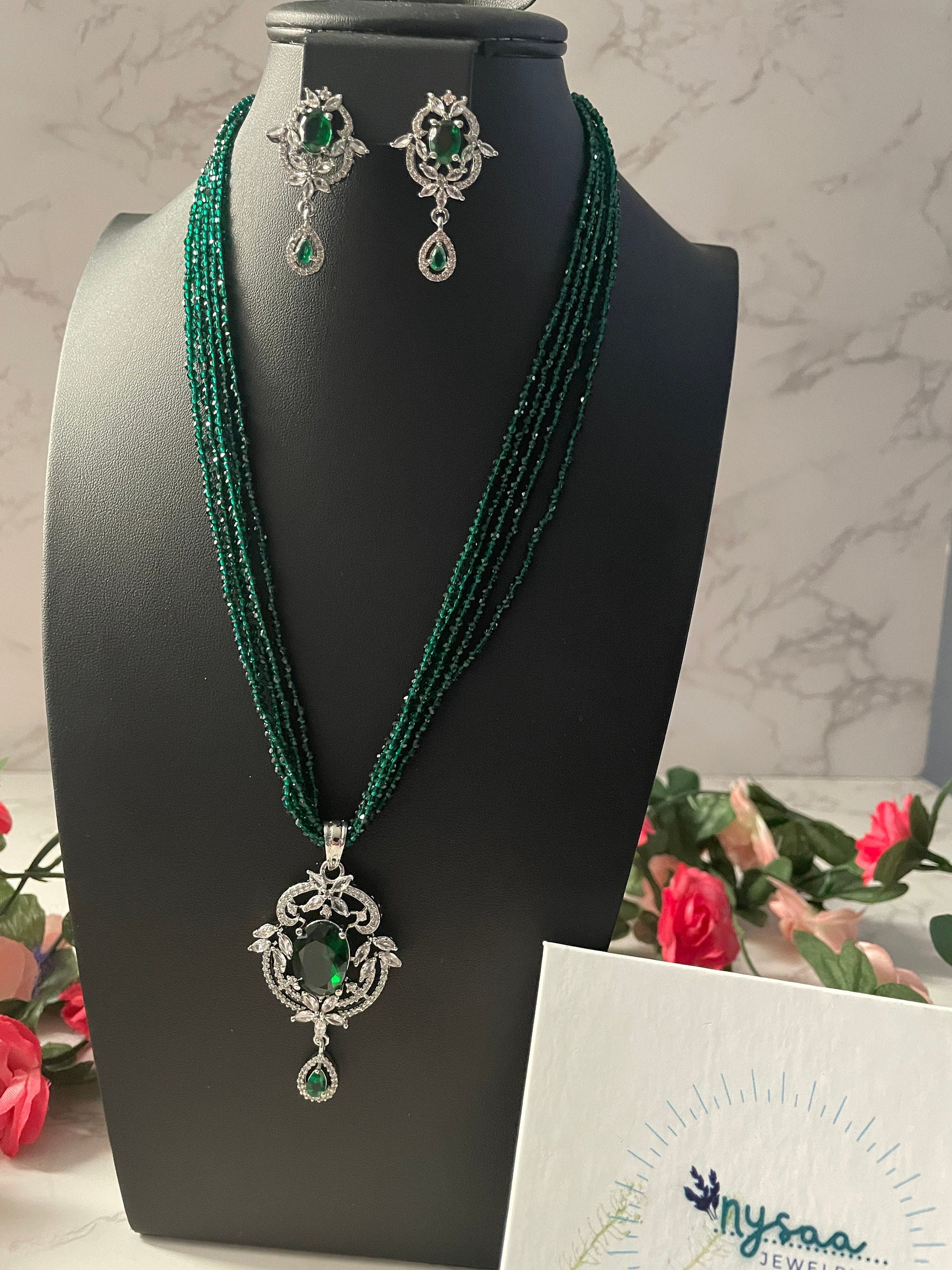 American Diamond Green Stone Necklace Set: Cubic Zirconia Earrings
