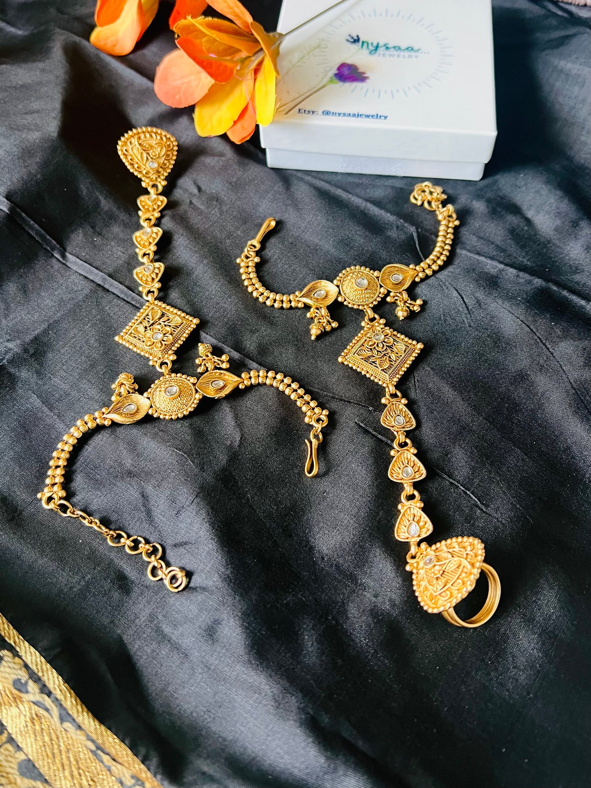 Indian Haath panja | Ring bracelet | Hath panja Pair | hathphool | Adjustable Ring | Gold Plated Jewelry