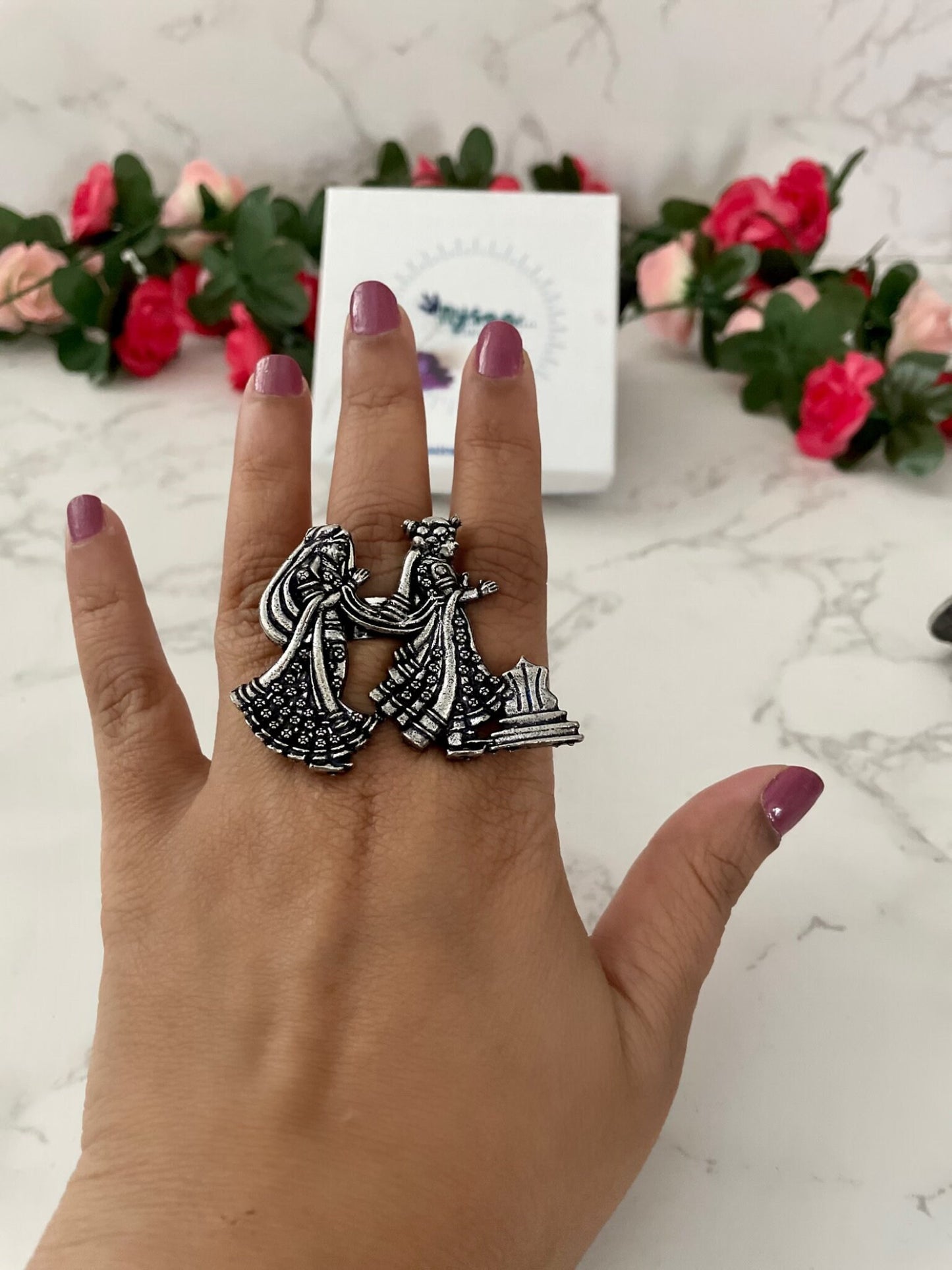 Oxidized Silver Radha Krishna Ring: Adjustable Oversized Statement
