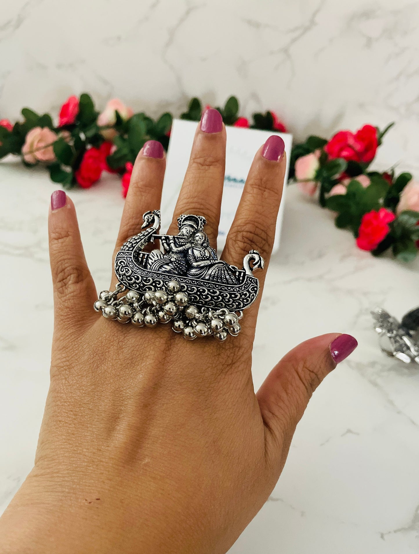 Oxidized Silver Radha Krishna Ring: Adjustable Oversized Statement