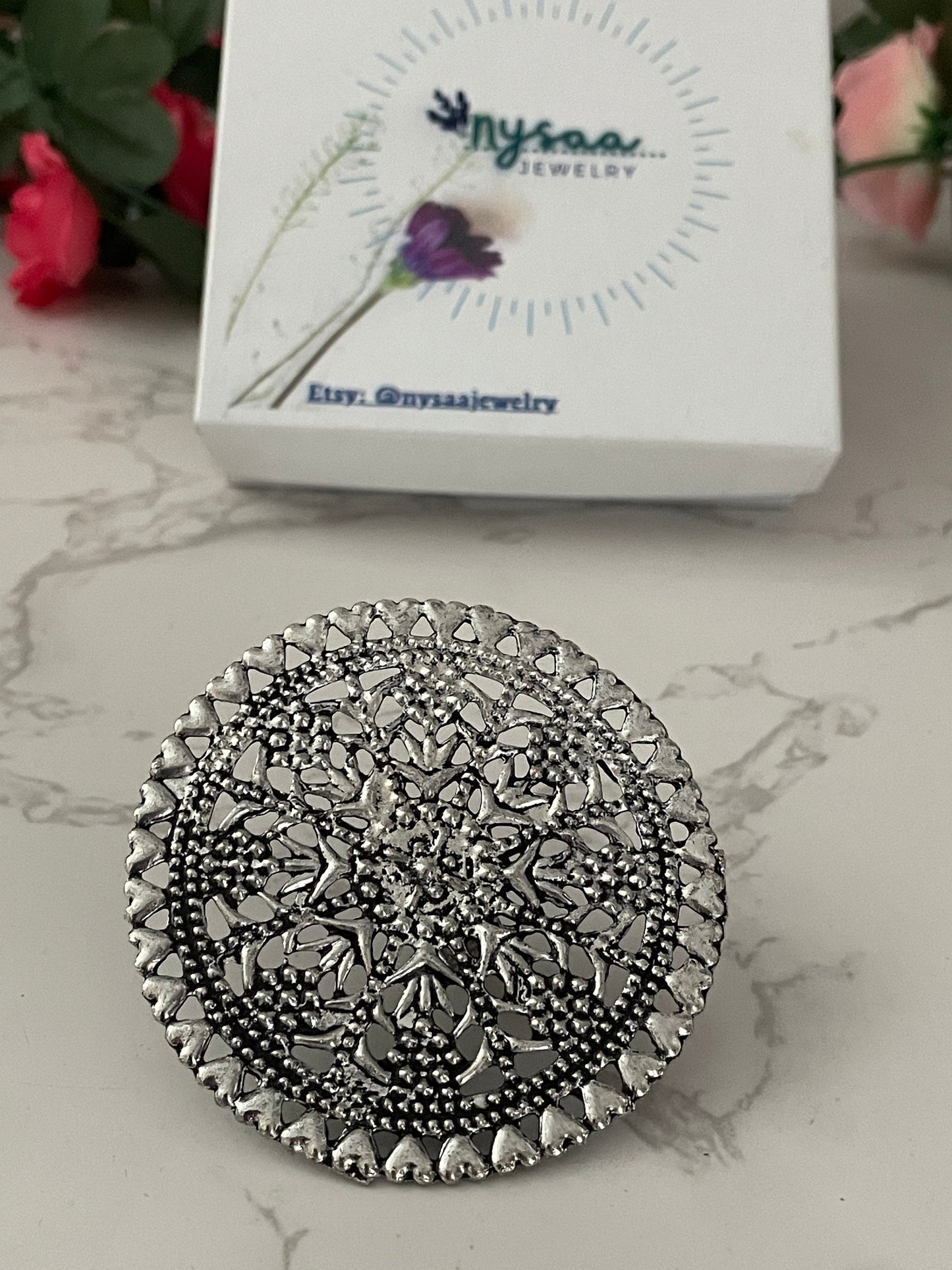 Oxidized Silver Radha Krishna Ring: Adjustable Oversized Statement