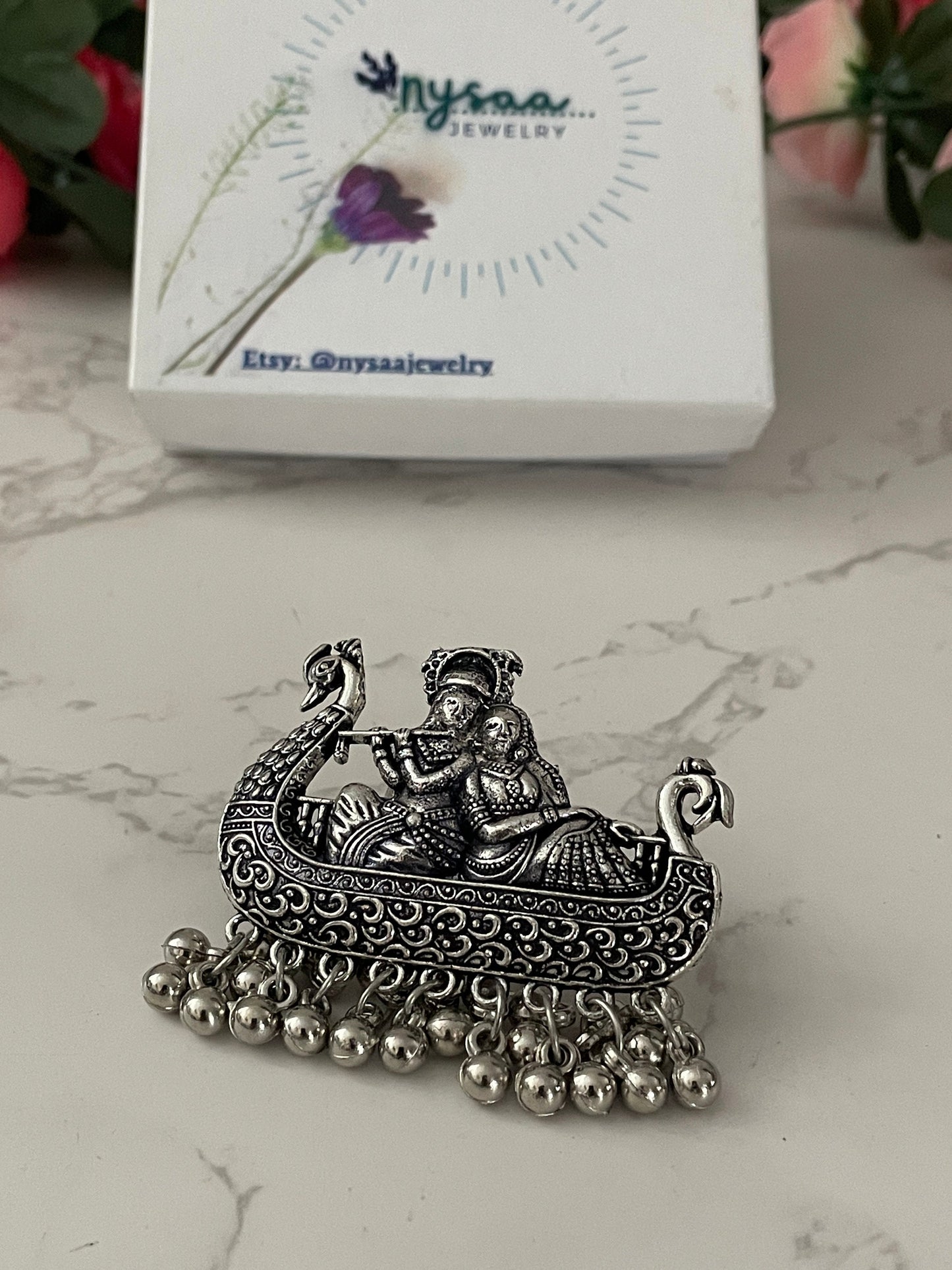 Oxidized Silver Radha Krishna Ring: Adjustable Oversized Statement