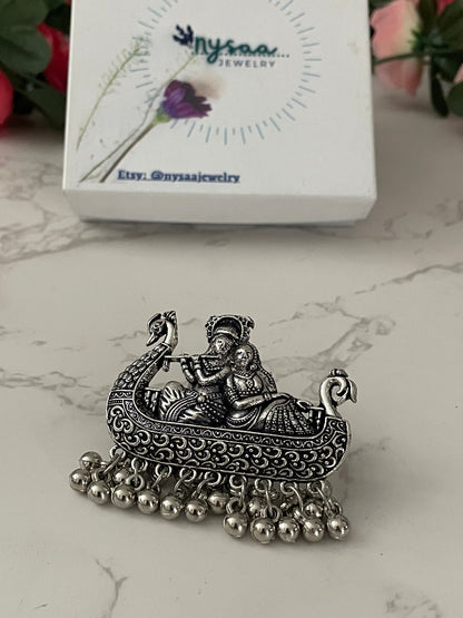 Oxidized Silver Radha Krishna Ring: Adjustable Oversized Statement