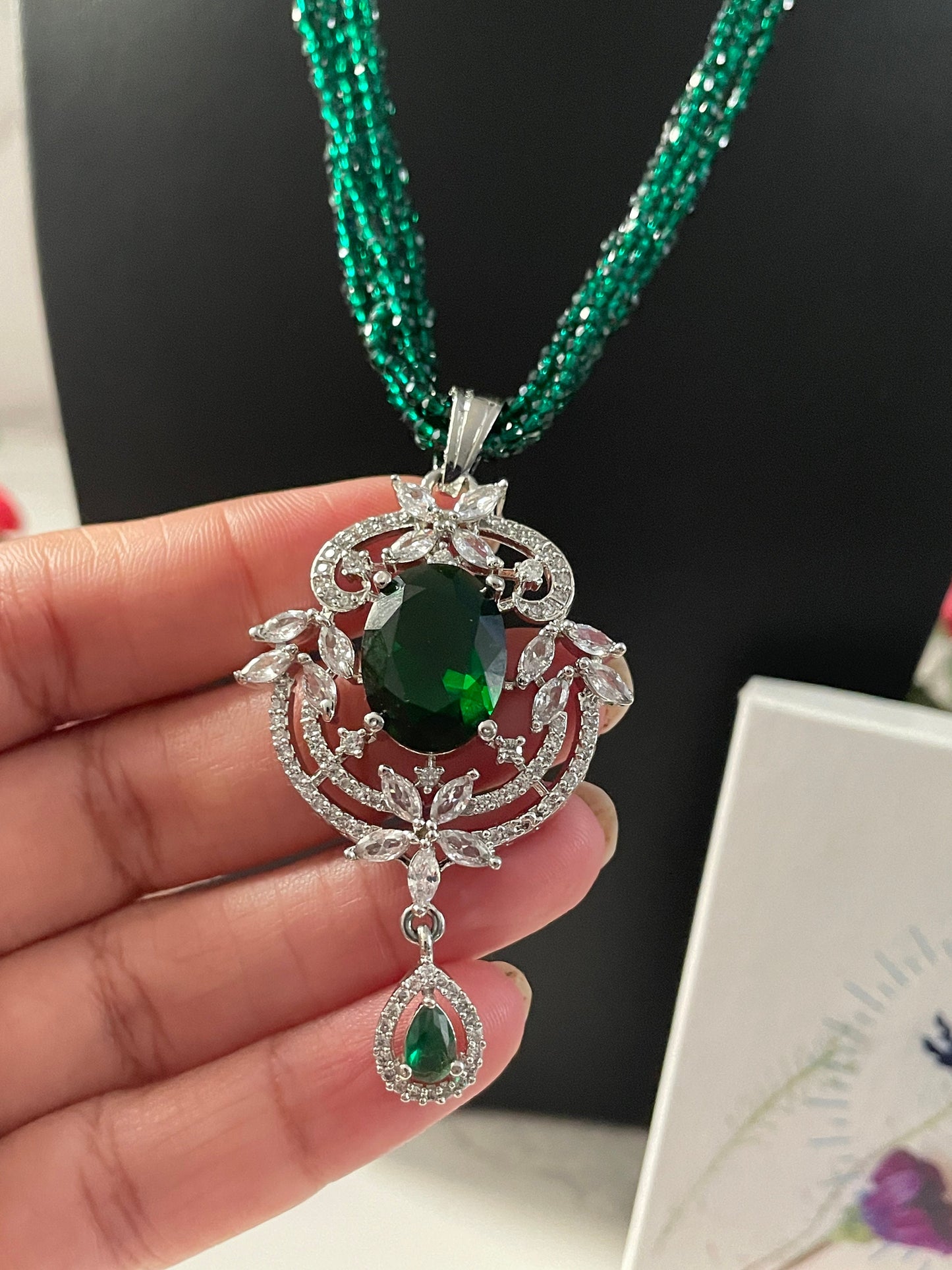 American Diamond Green Stone Necklace Set: Cubic Zirconia Earrings