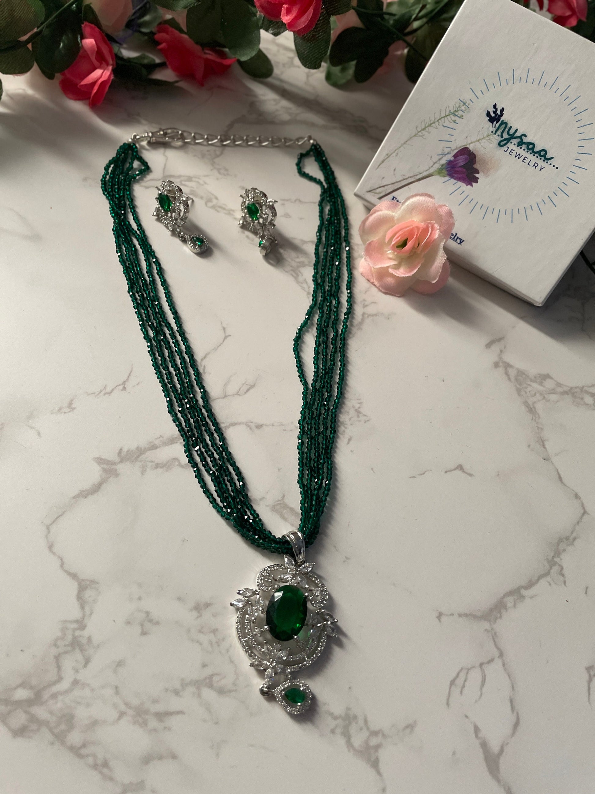 American Diamond Green Stone Necklace Set: Cubic Zirconia Earrings