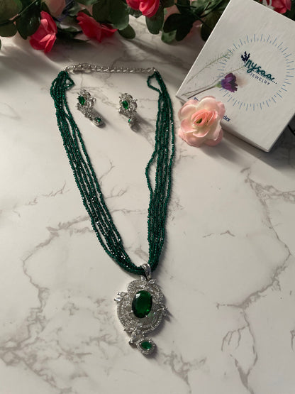 American Diamond Green Stone Necklace Set: Cubic Zirconia Earrings