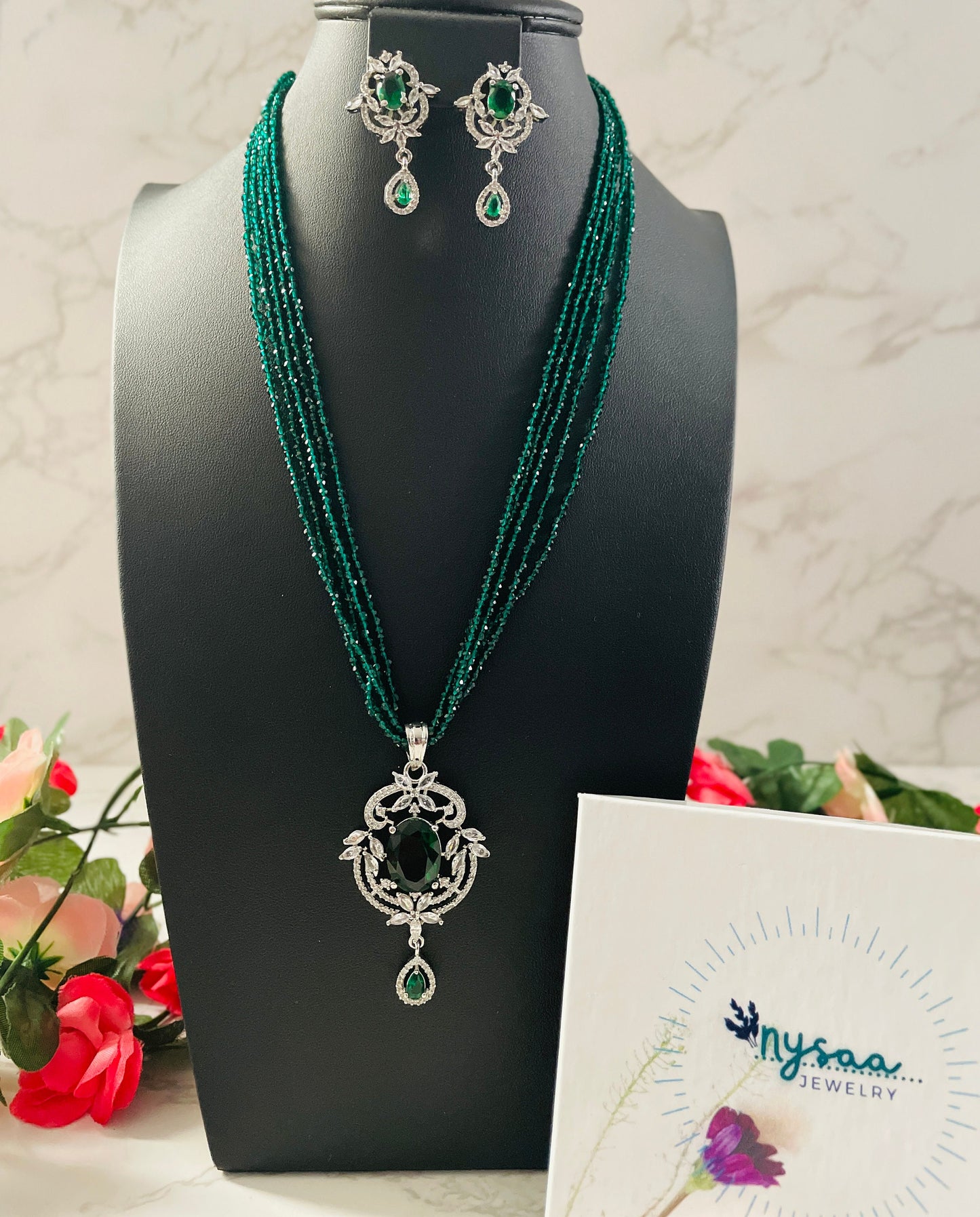 American Diamond Green Stone Necklace Set: Cubic Zirconia Earrings