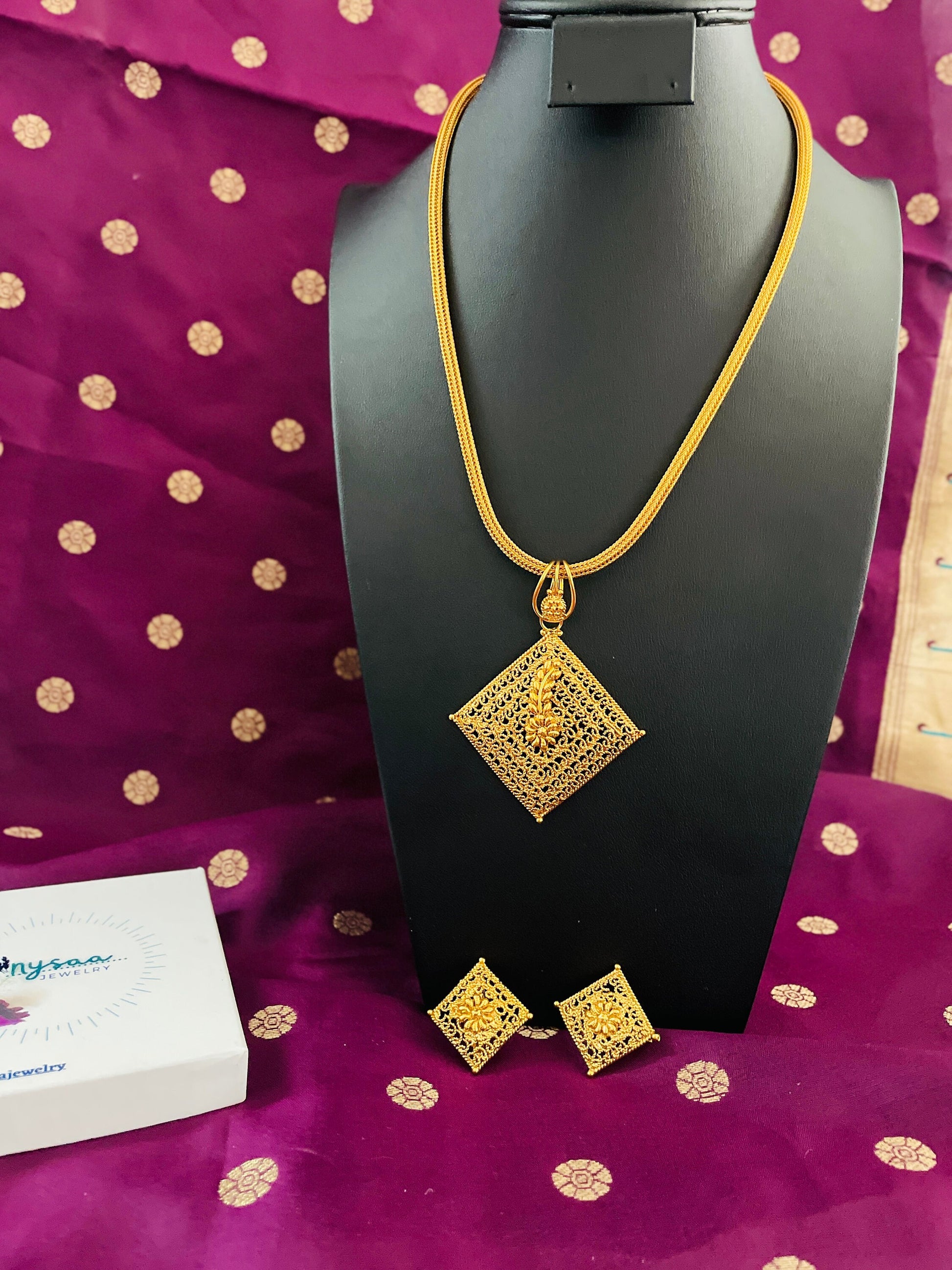 Gold Plated Haaram: Indian Temple Jewelry Necklace with Earrings