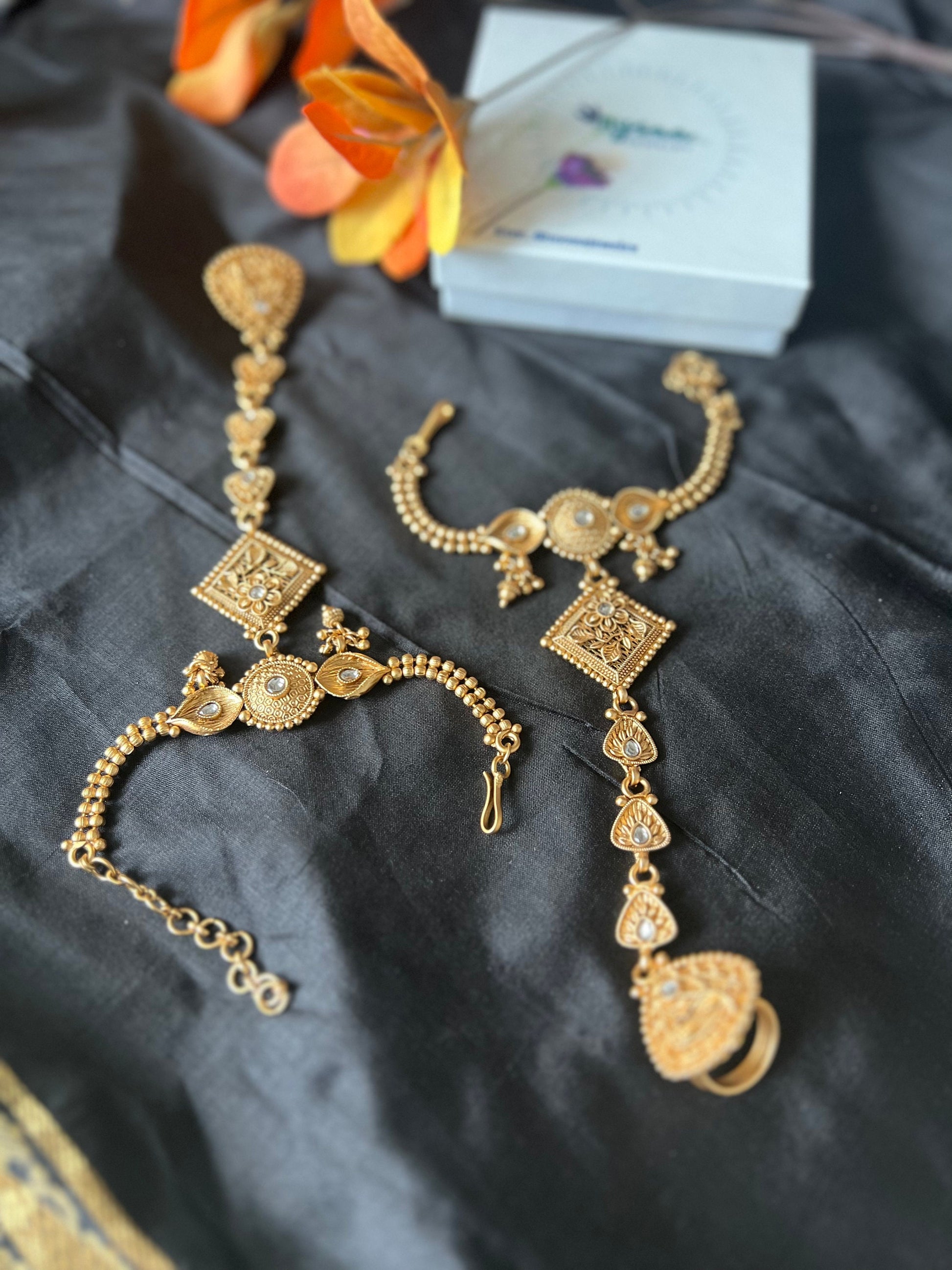 Indian Haath panja | Ring bracelet | Hath panja Pair | hathphool | Adjustable Ring | Gold Plated Jewelry