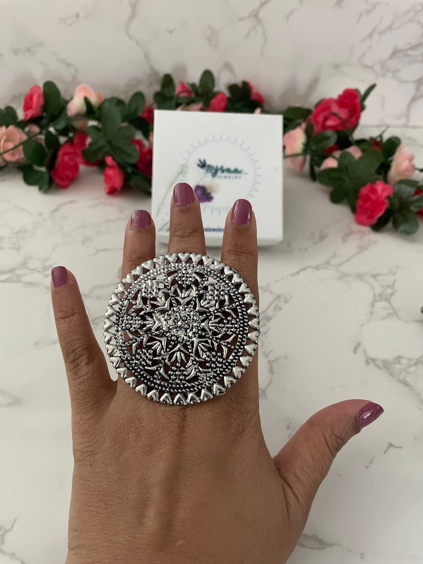 Oxidized Silver Radha Krishna Ring: Adjustable Oversized Statement