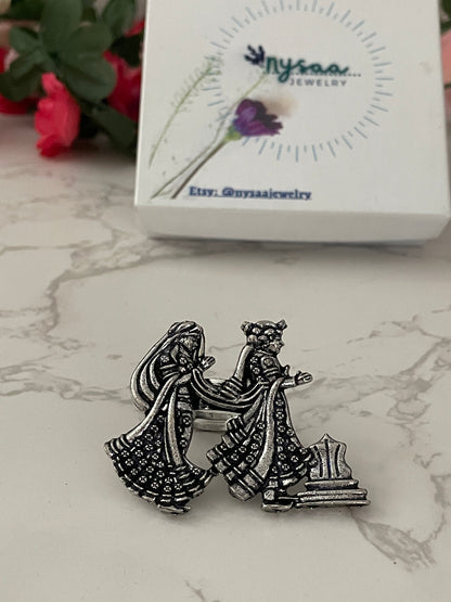 Oxidized Silver Radha Krishna Ring: Adjustable Oversized Statement