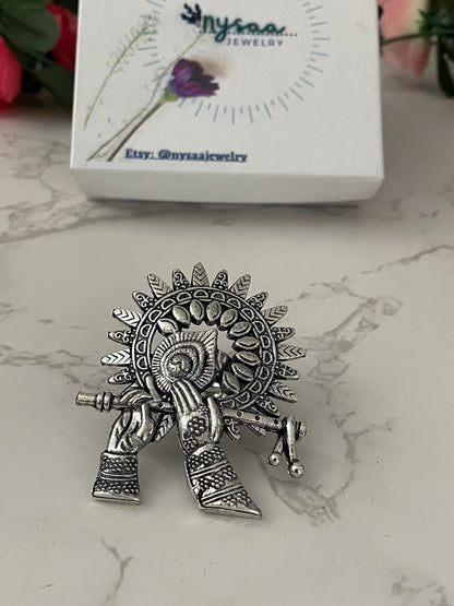 Oxidized Silver Radha Krishna Ring: Adjustable Oversized Statement