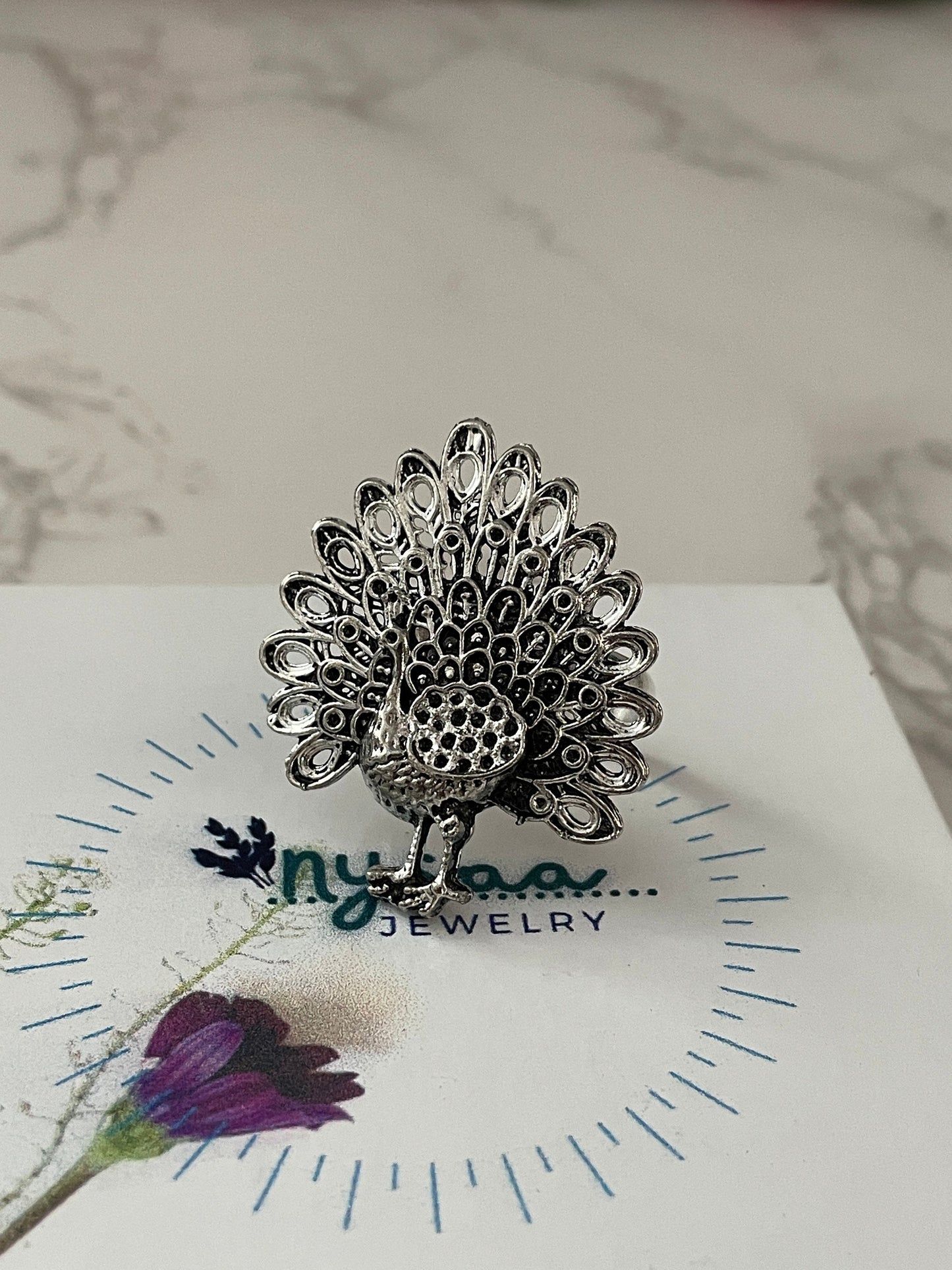 Oxidized Silver Peacock Ring: Adjustable Ghungaroo Ring