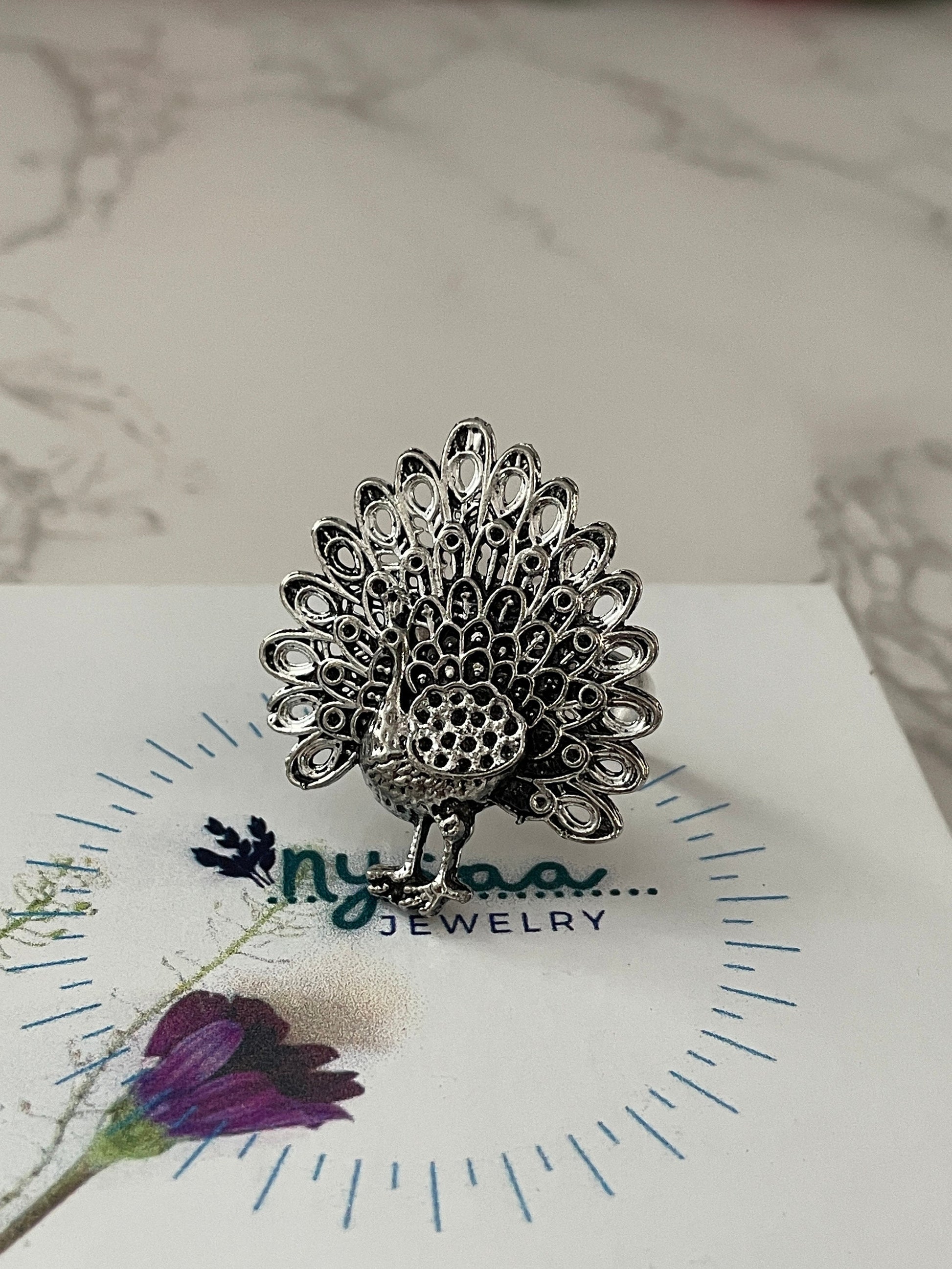 Oxidized Silver Peacock Ring: Adjustable Ghungaroo Ring