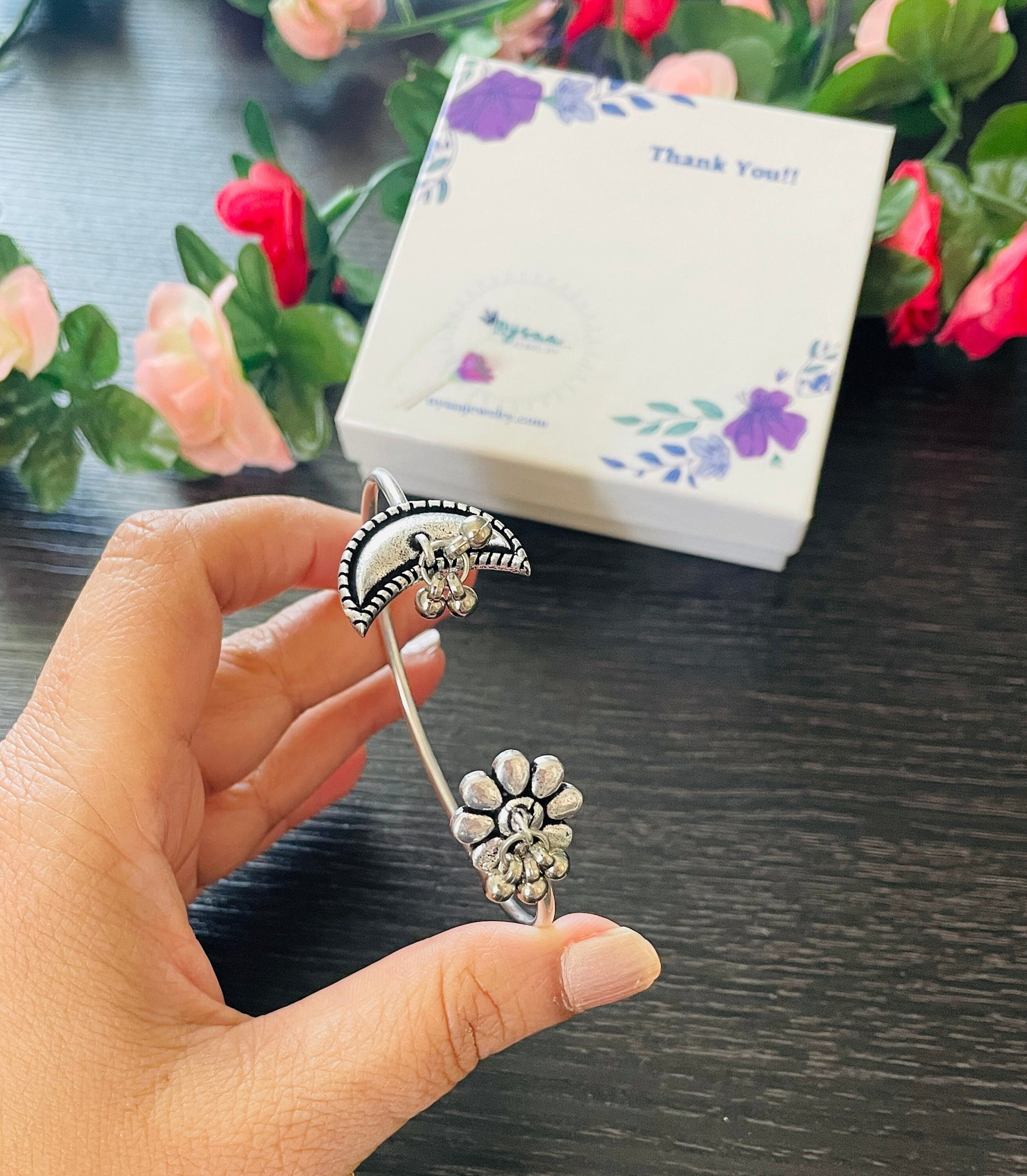 Adjustable chain ring in moon n flower setting | matching bracelet