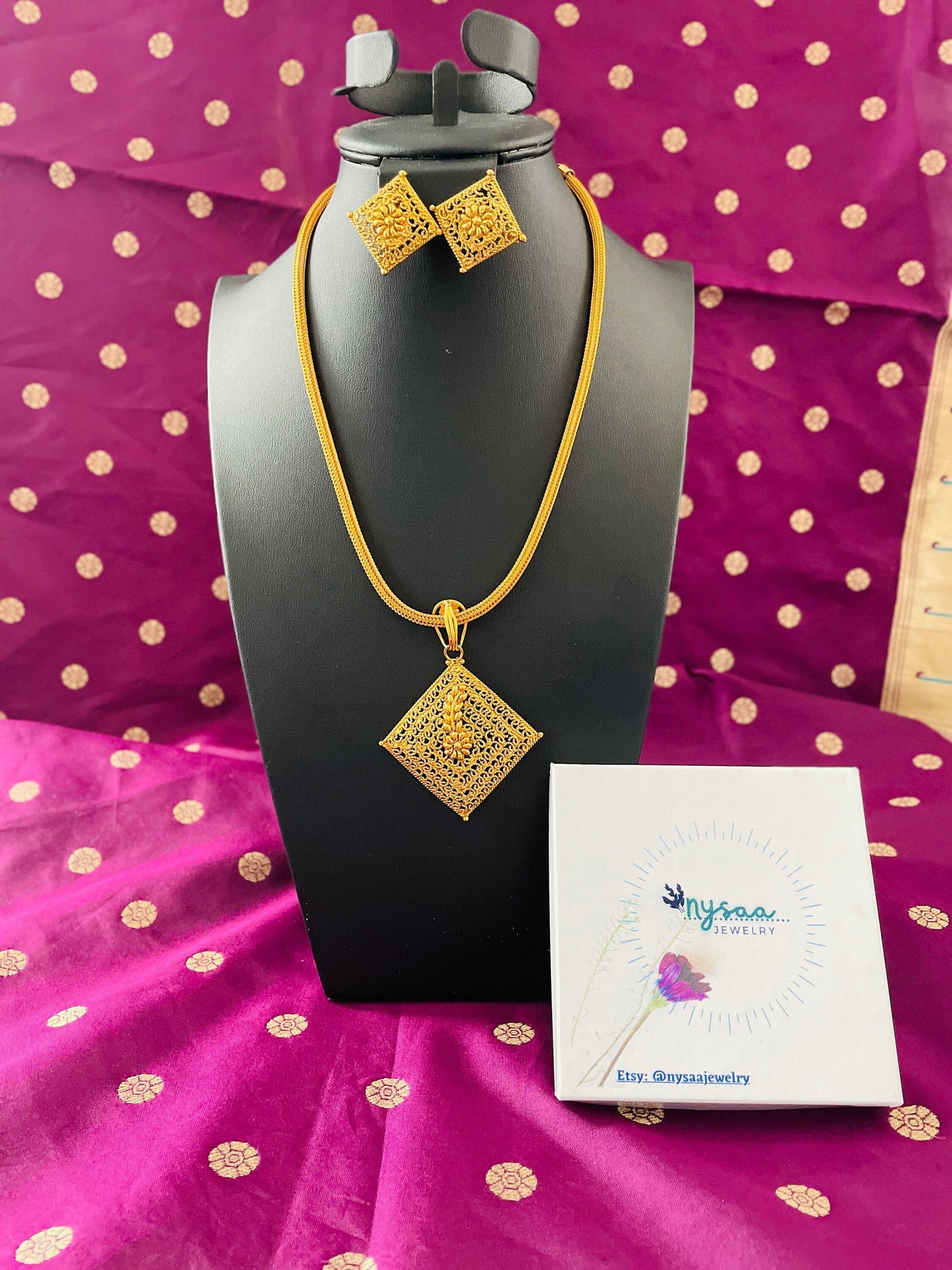 Gold Plated Haaram: Indian Temple Jewelry Necklace with Earrings