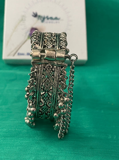 Oxidized Ghungaroo Cuff Bracelet: Adjustable Silver Bangle