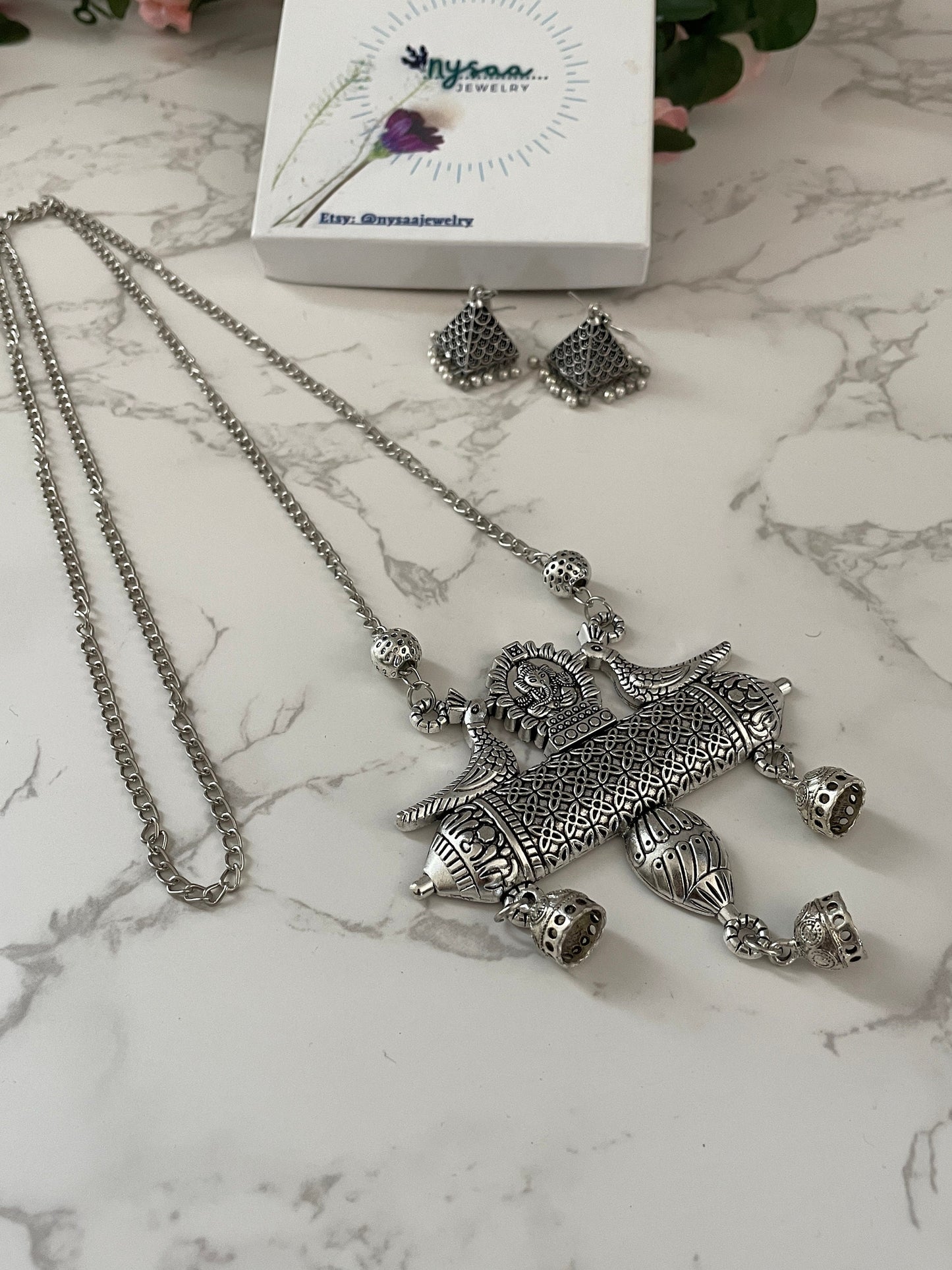 Oxidized Ganapati Pendant Necklace Set: Adjustable Jhumki Earrings