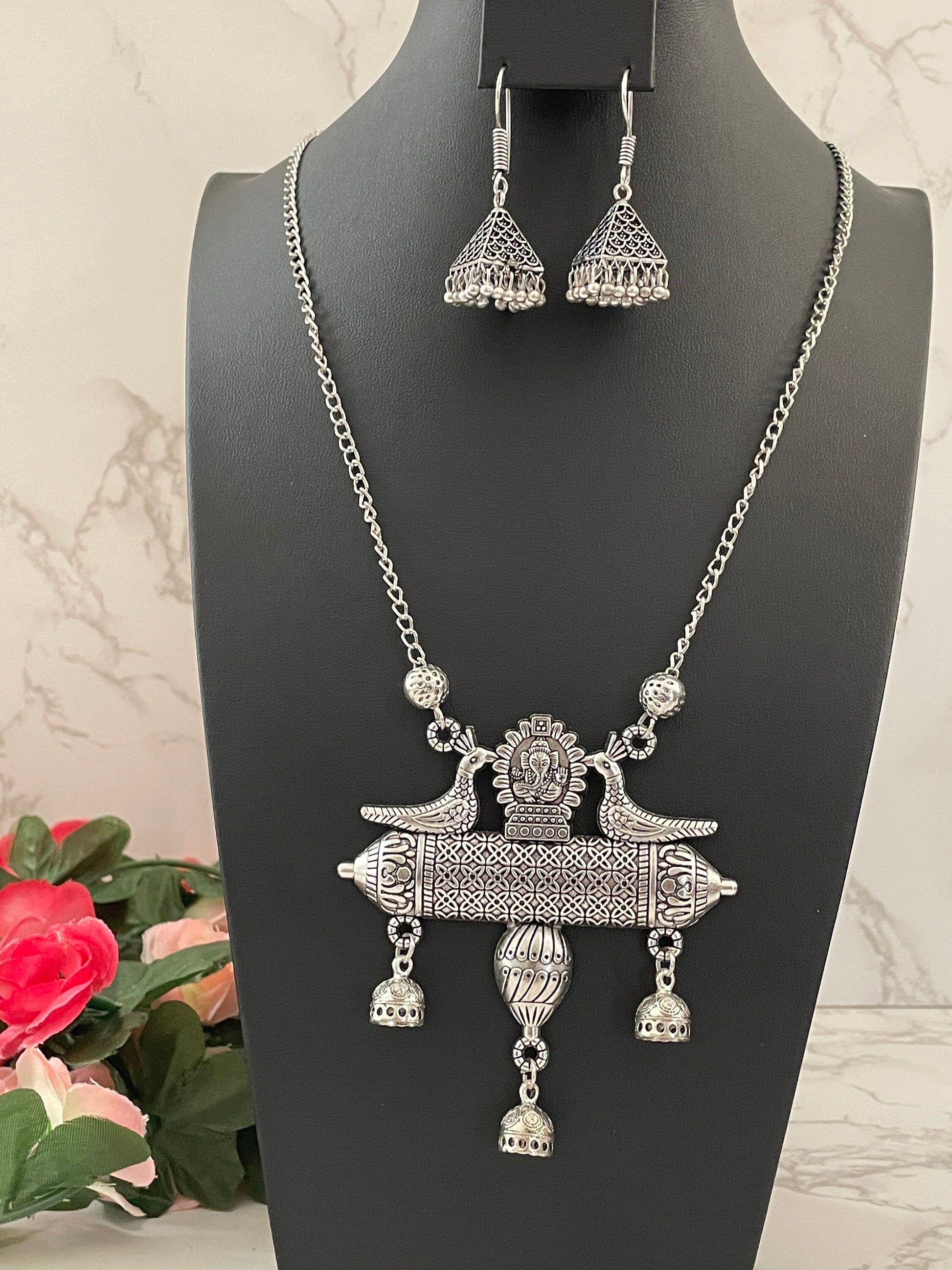 Oxidized Ganapati Pendant Necklace Set: Adjustable Jhumki Earrings