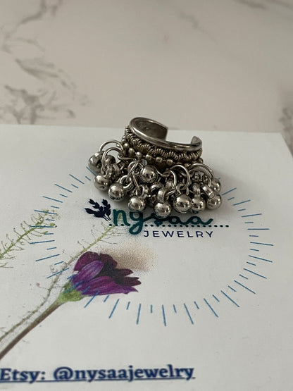 Oxidized Silver Peacock Ring: Adjustable Ghungaroo Ring