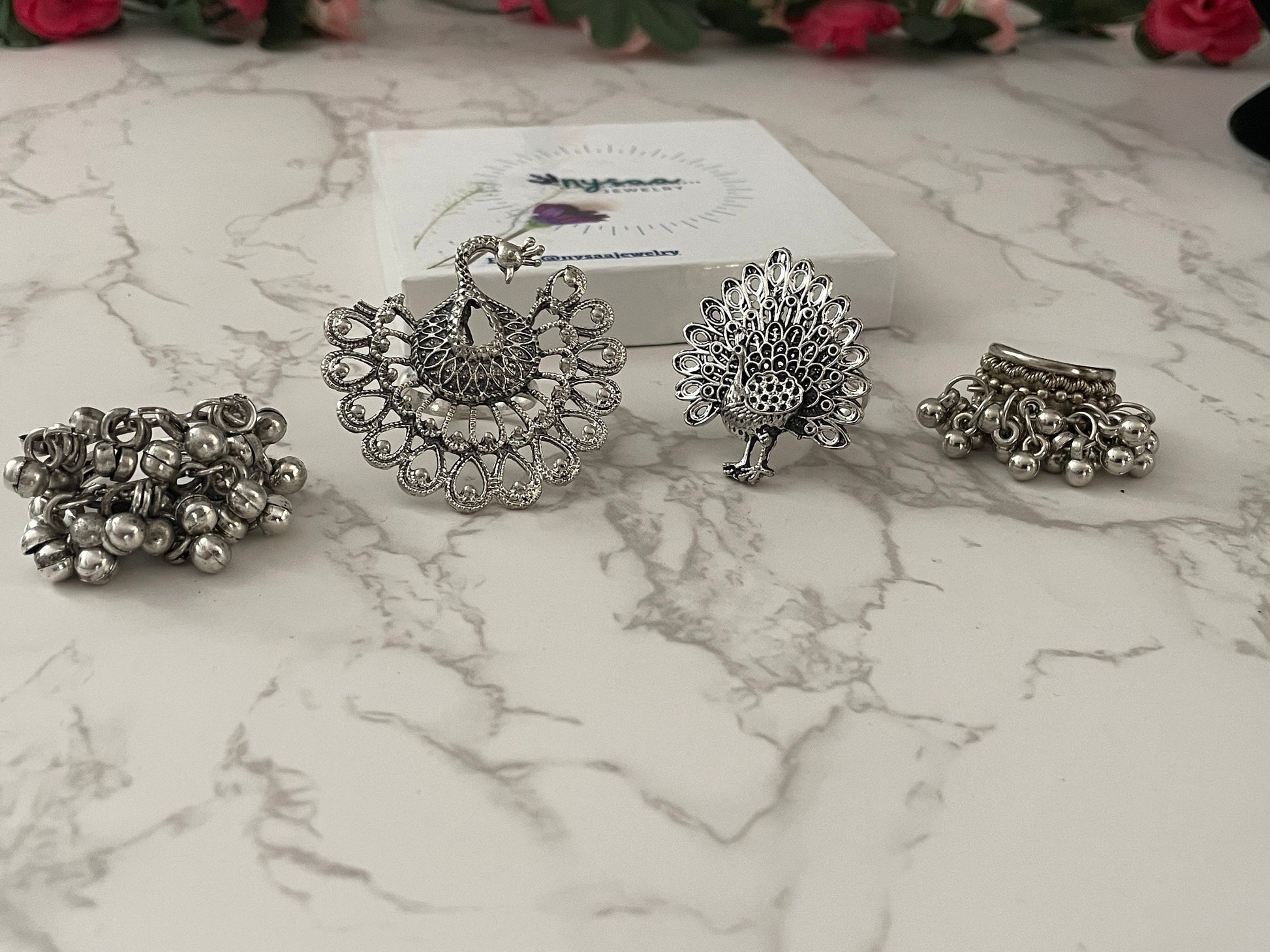 Oxidized Silver Peacock Ring: Adjustable Ghungaroo Ring