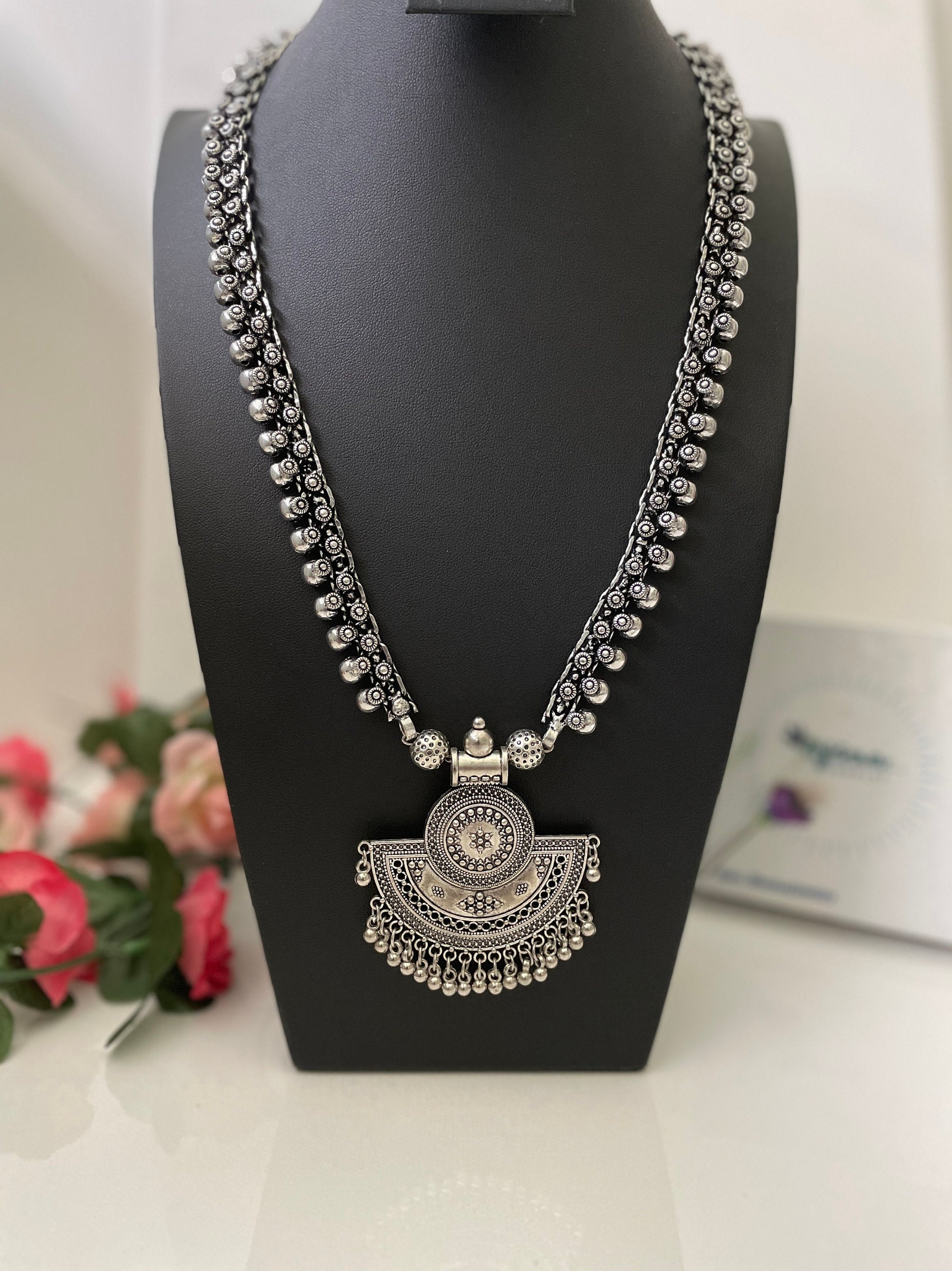 Oxidized Silver Long Necklace: Indian Navratri Jewelry