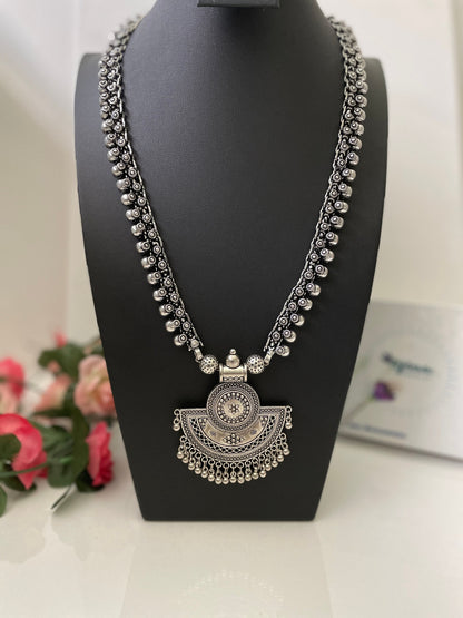 Oxidized Silver Long Necklace: Indian Navratri Jewelry