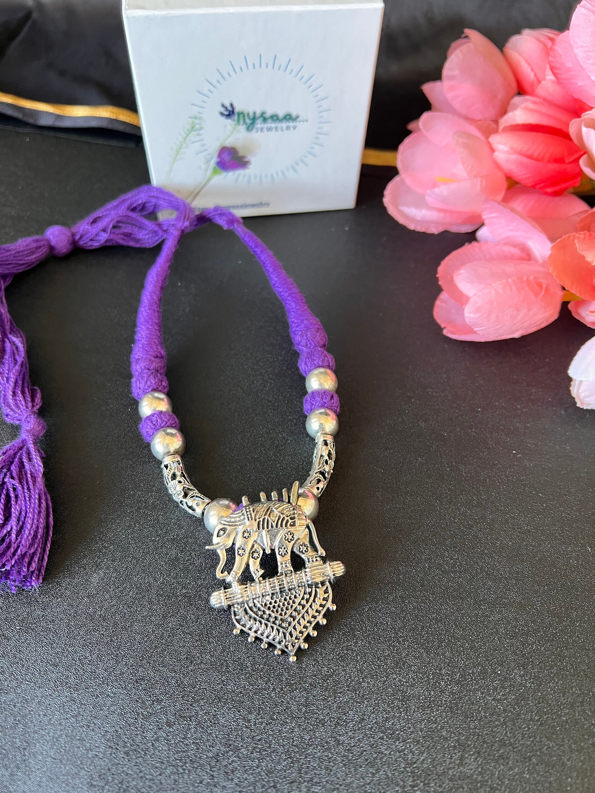 Oxidized Elephant Necklace: Bollywood Thread Jewelry, Adjustable Length