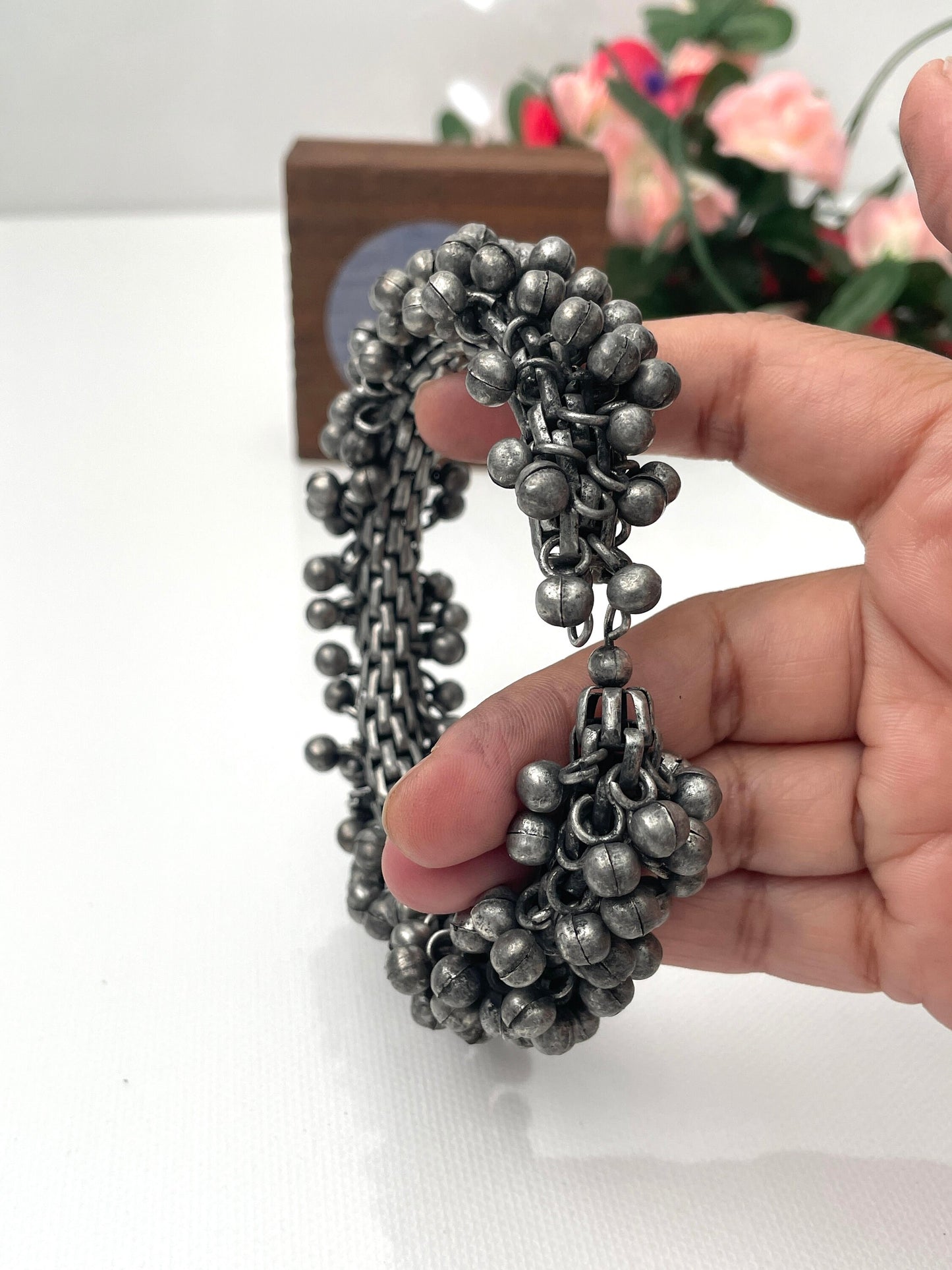 Black Oxidized Ghungaroo Cuff Bracelet: Adjustable Bangle