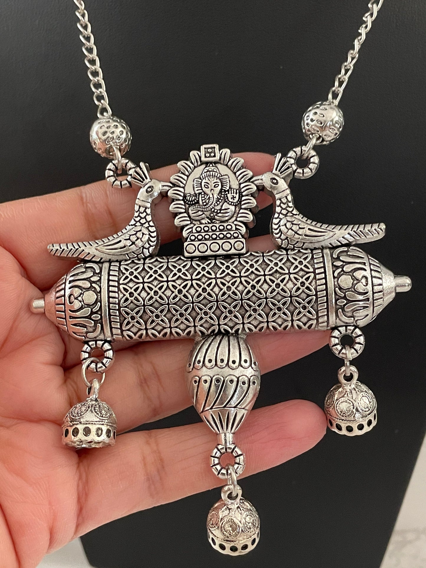 Oxidized Ganapati Pendant Necklace Set: Adjustable Jhumki Earrings