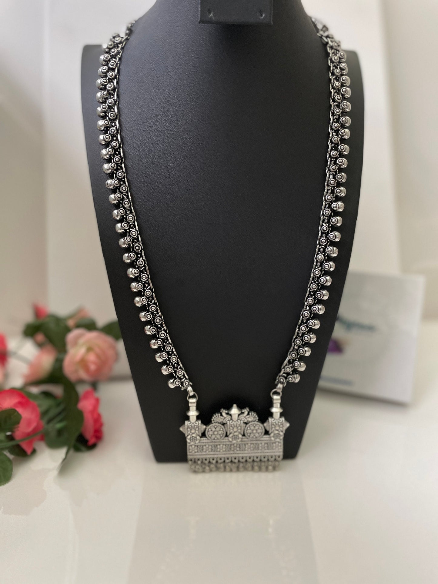 Oxidized Silver Long Necklace: Indian Navratri Jewelry