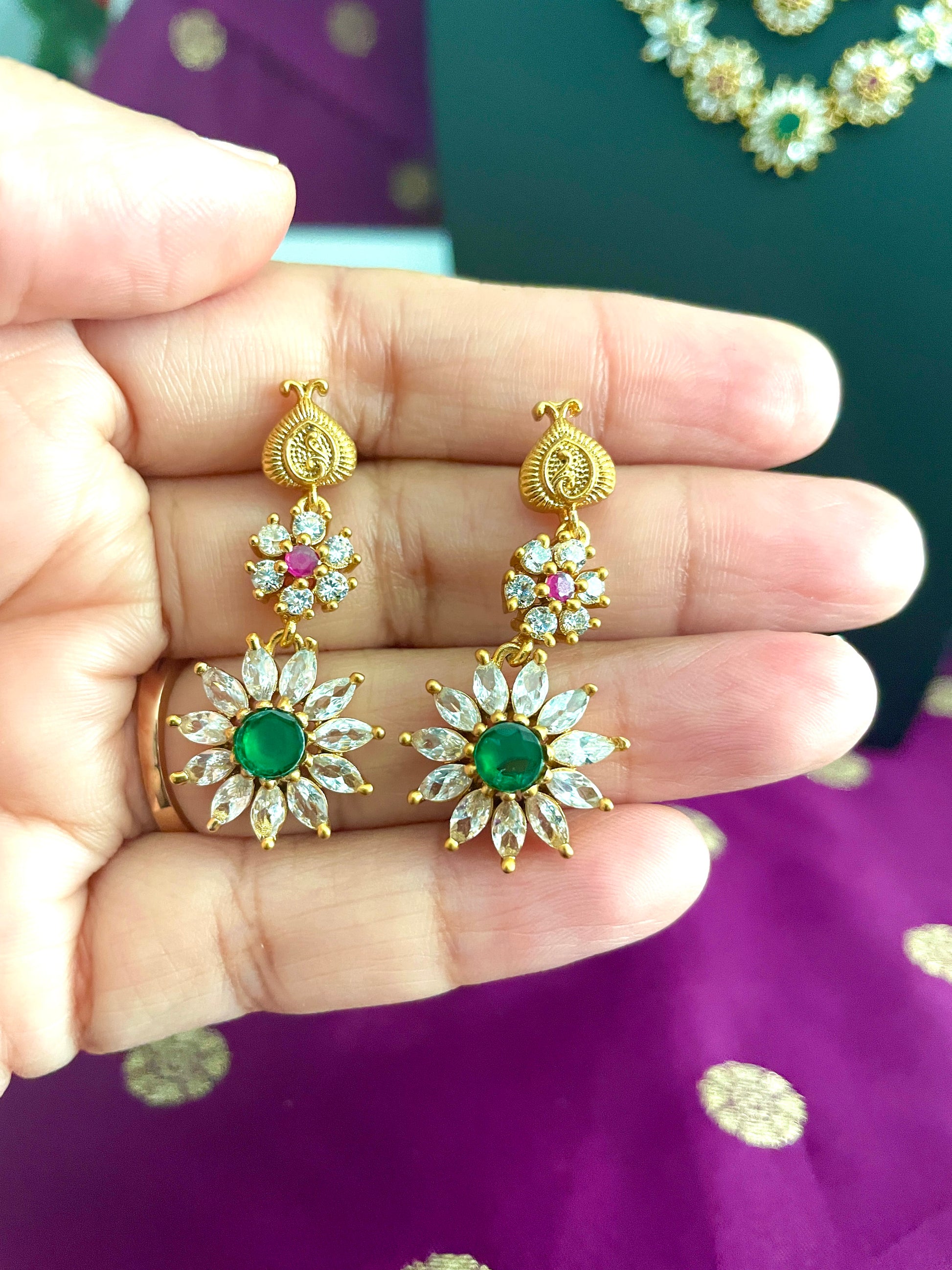 Yellow Gold Plated Necklace Set: Cubic Zirconia Ruby Earrings