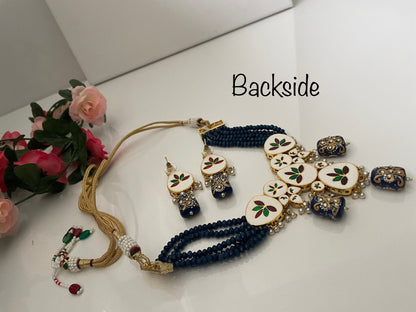 Kundan & MonaLisa Necklace Set: Blue Indian Neckpiece with Earrings