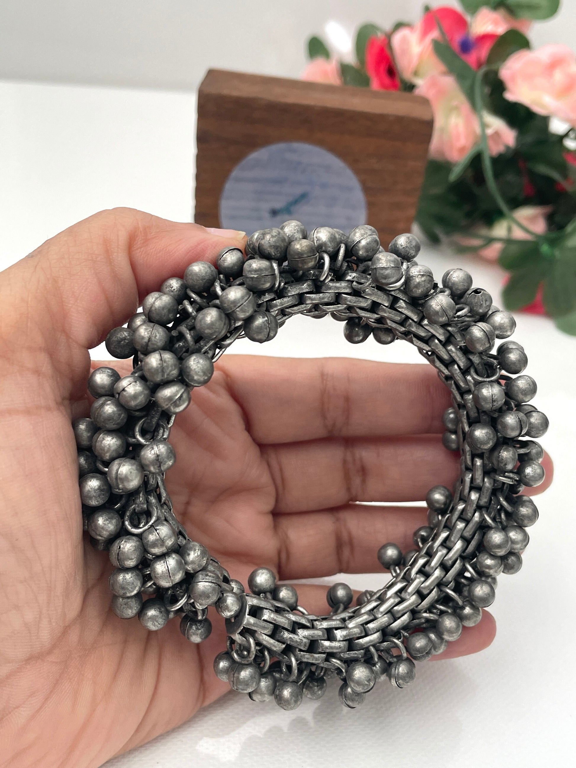 Black Oxidized Ghungaroo Cuff Bracelet: Adjustable Bangle