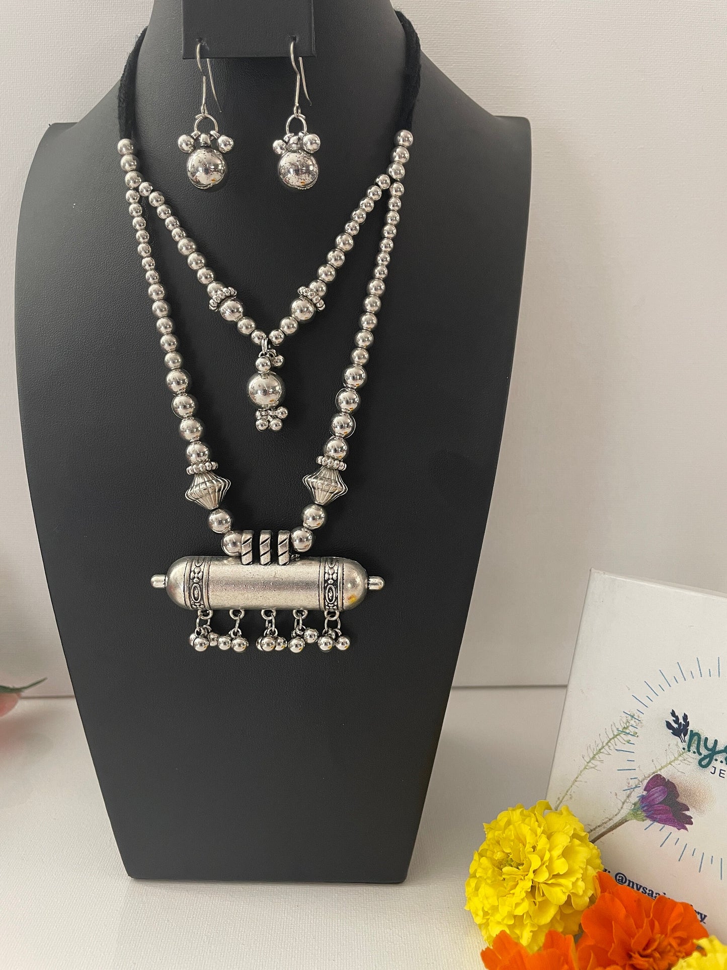 Oxidized Silver Garba Necklace Set: Adjustable Boho Jewelry