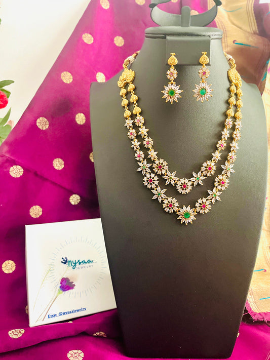 Yellow Gold Plated Necklace Set: Cubic Zirconia Ruby Earrings