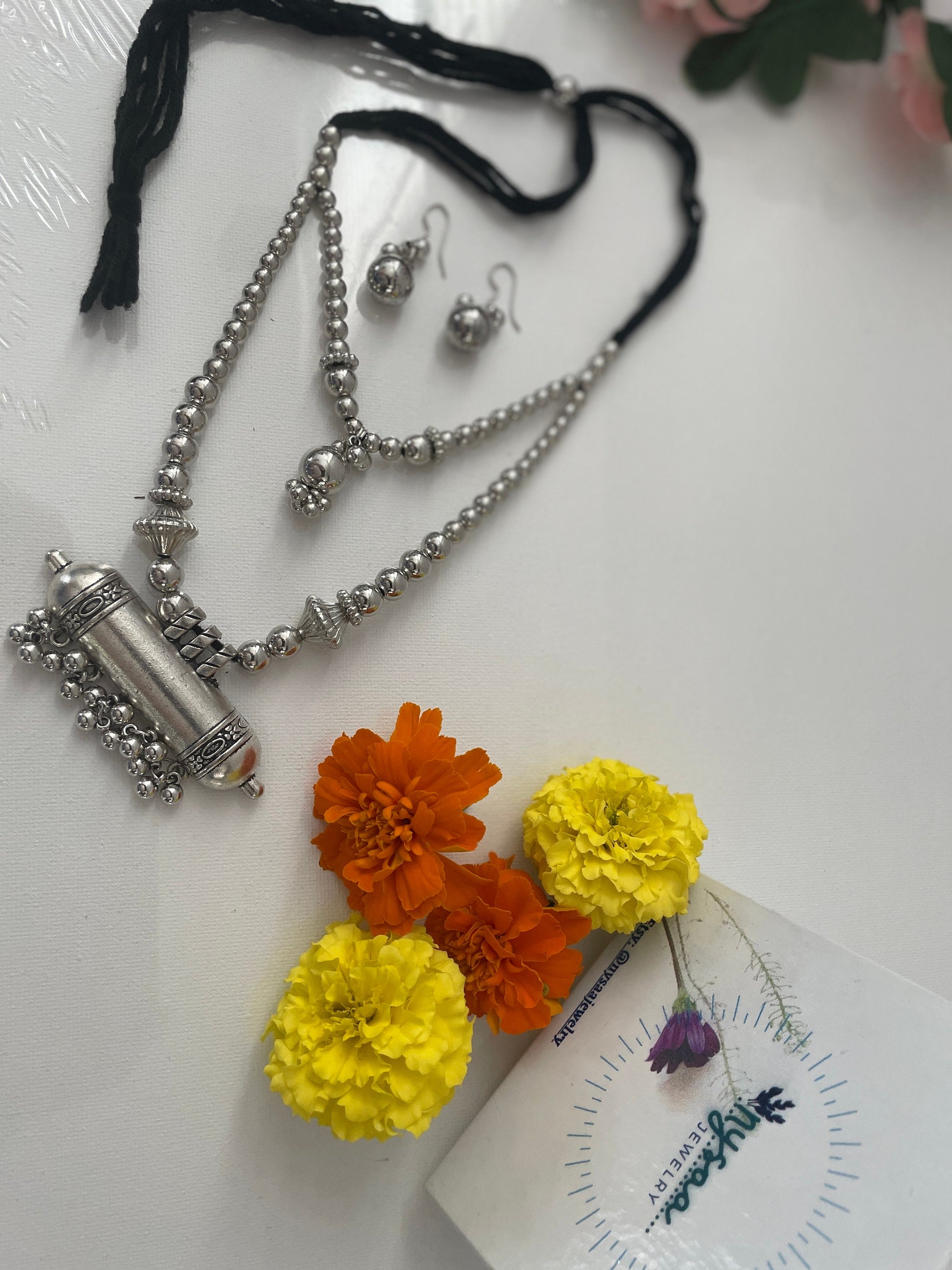 Oxidized Silver Garba Necklace Set: Adjustable Boho Jewelry