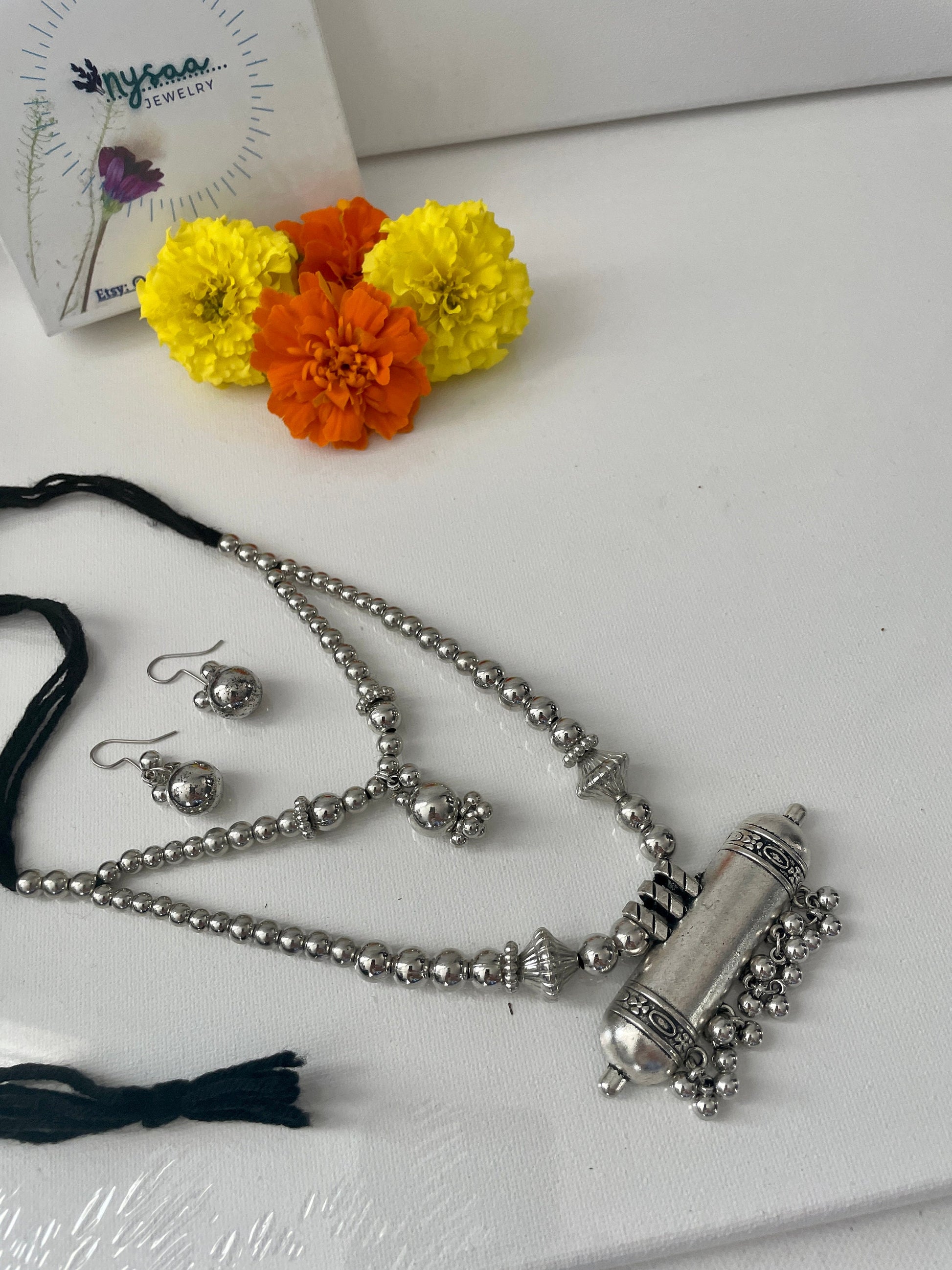 Oxidized Silver Garba Necklace Set: Adjustable Boho Jewelry