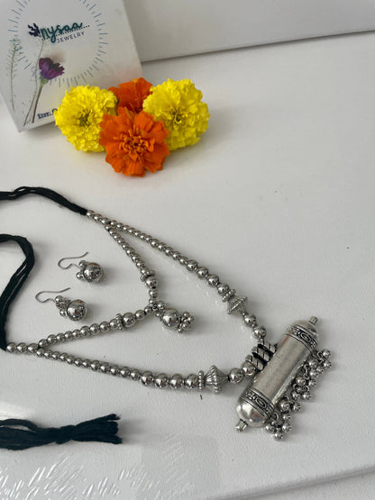 Oxidized Silver Garba Necklace Set: Adjustable Boho Jewelry