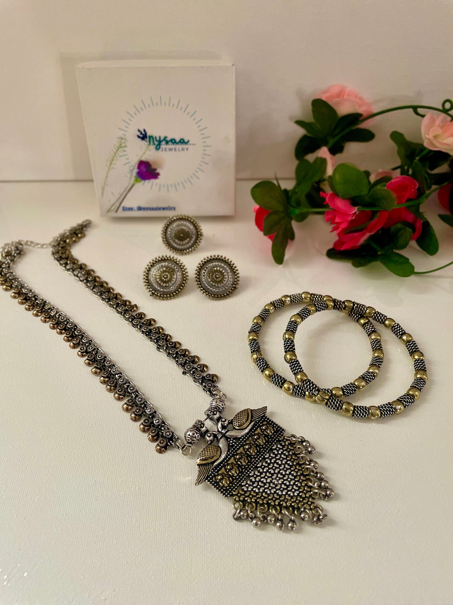Oxidized Maa Durga/Peacock Necklace Set: Indian Navratri Jewelry