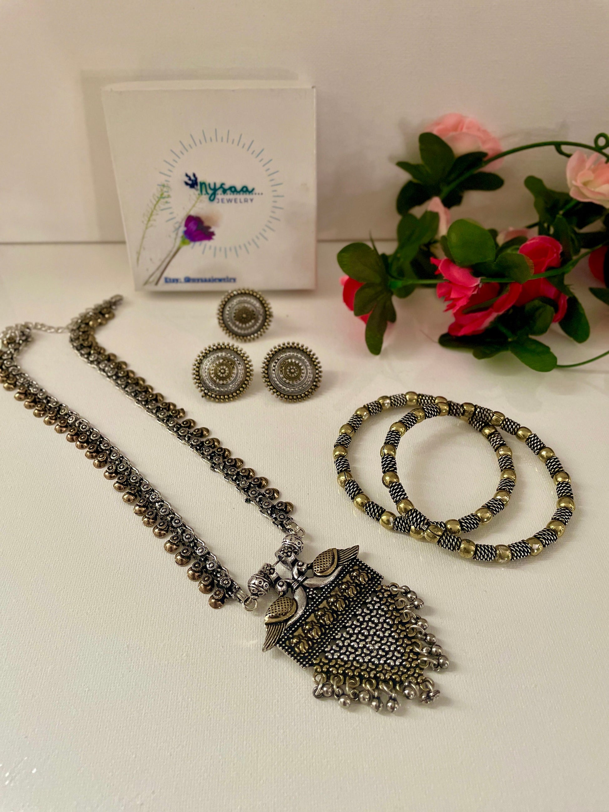 Oxidized Maa Durga/Peacock Necklace Set: Indian Navratri Jewelry