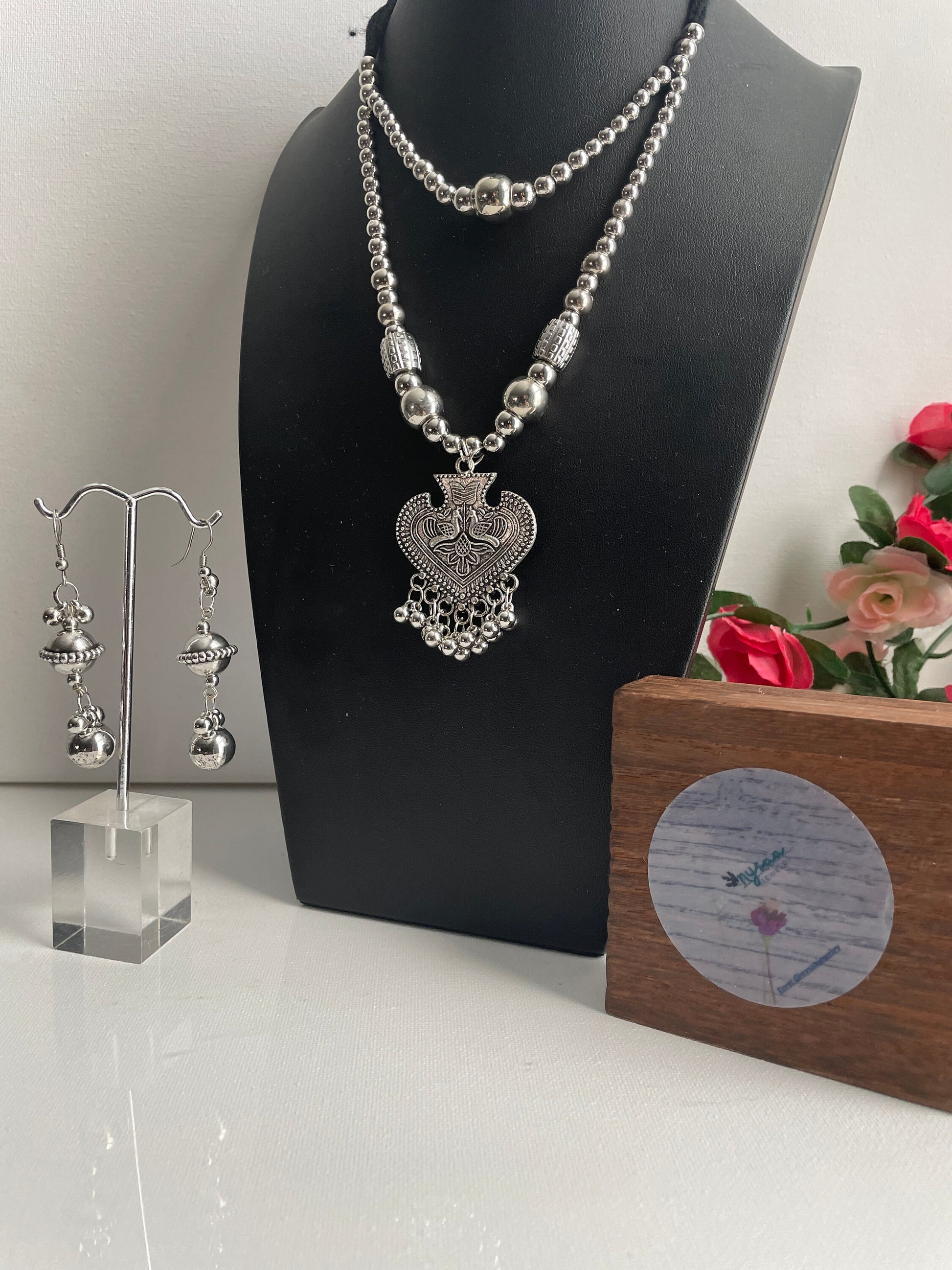 Oxidized Silver Garba Necklace Set: Adjustable Boho Jewelry